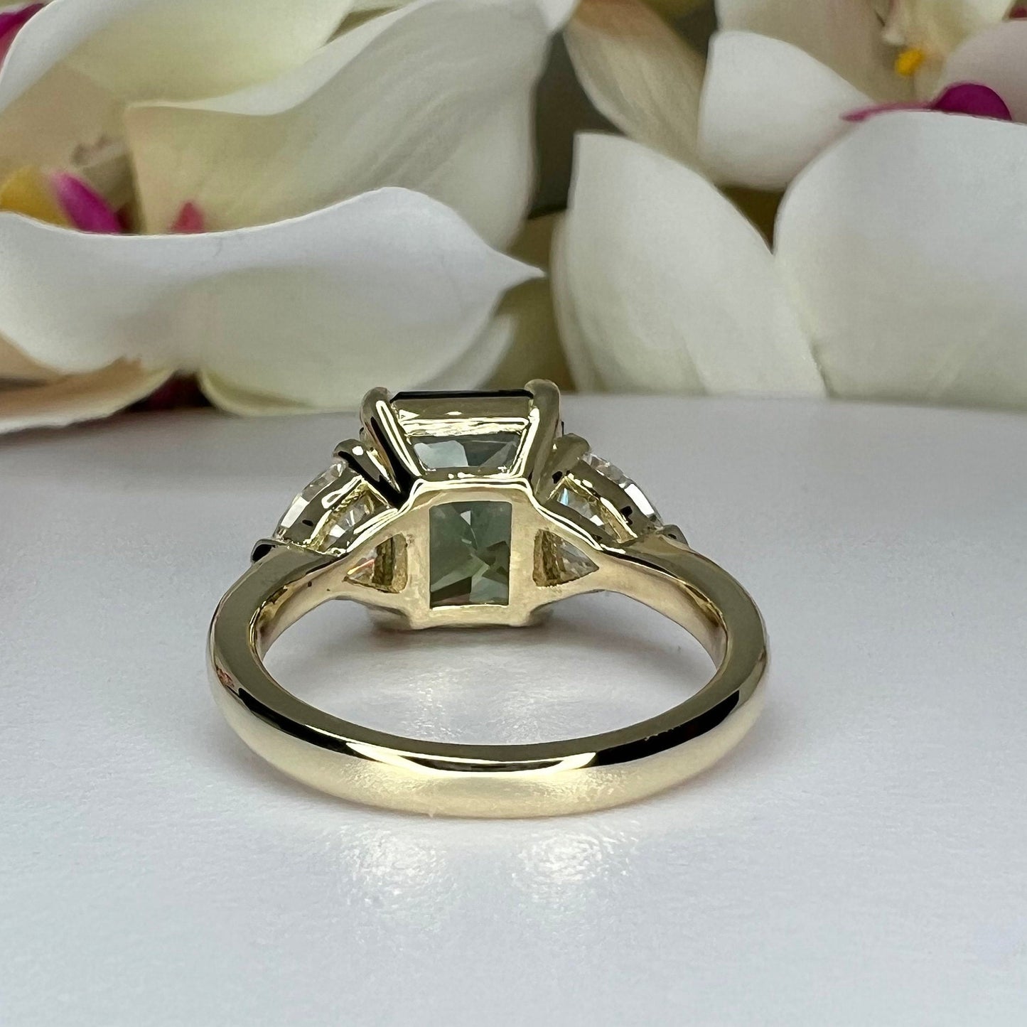 Radiant cut olive green sapphire engagement ring 14K solid gold, Three stone wedding ring, Art Deco sapphire ring, Unique Olive green, #7812