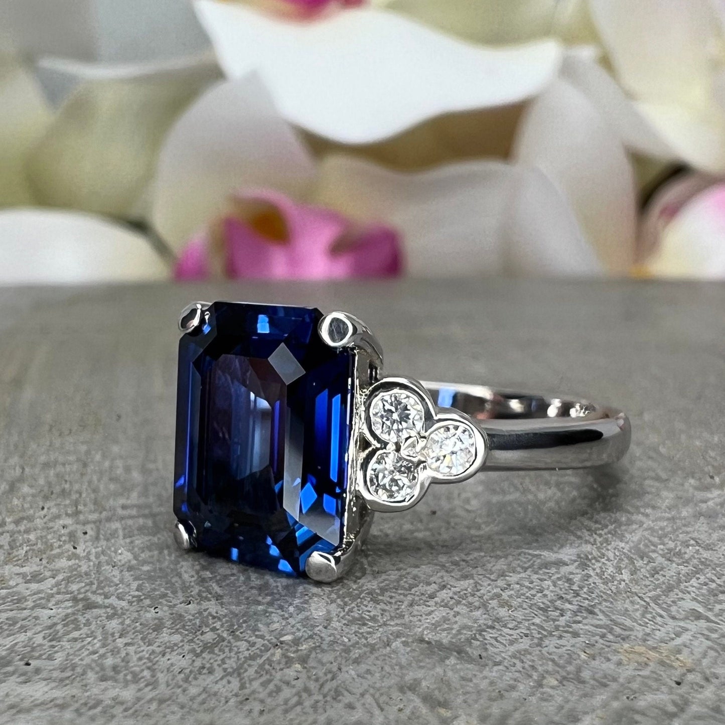 Blue Sapphire Engagement Ring 14K White Gold Emerald Cut Blue Sapphire Ring Diamonds Unique Sapphire Wedding Promise Anniversary Ring
