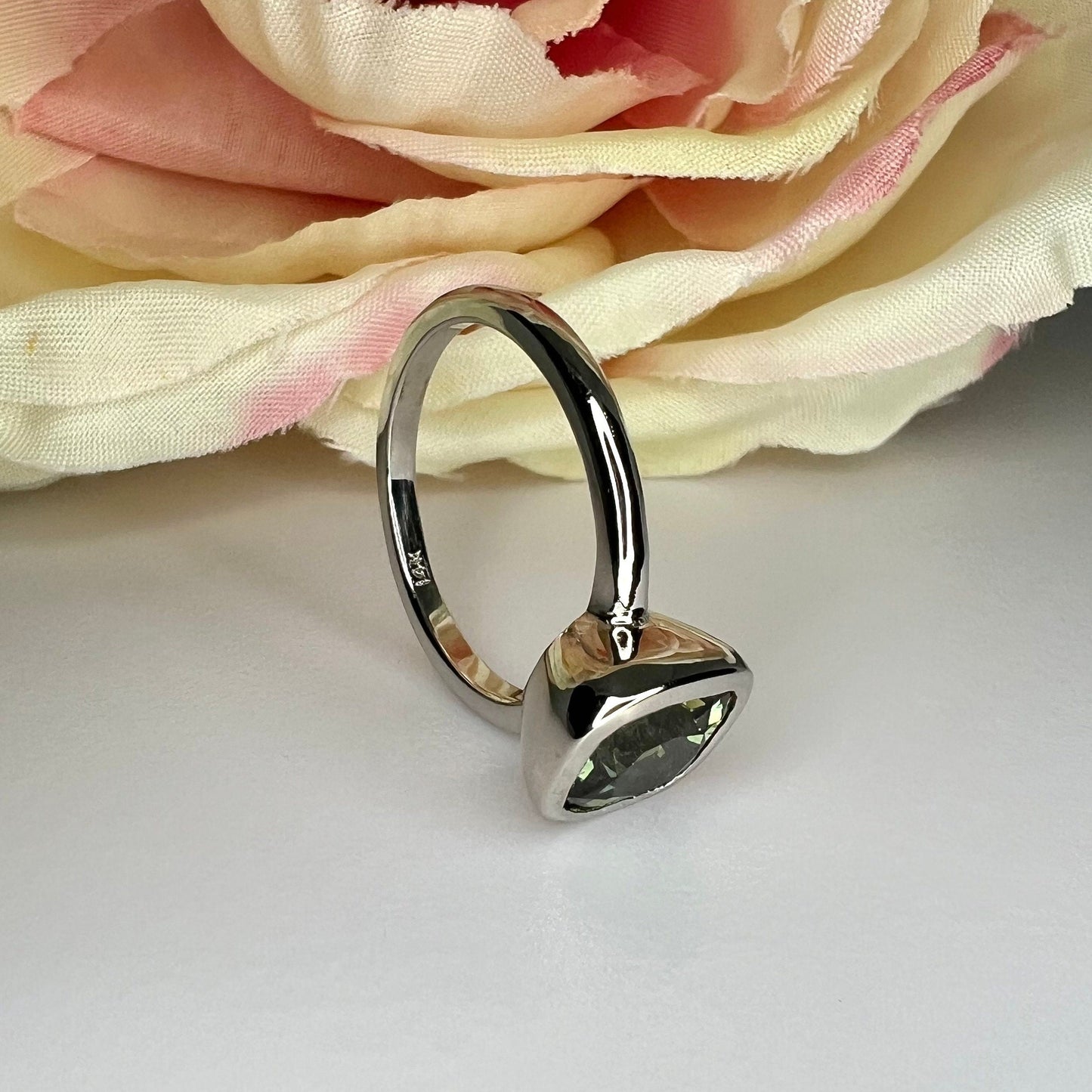 Cushion cut olive green sapphire engagement ring 14k white gold bezel set modern cocktail ring Solitaire sapphire ring Holiday gifts, #6370