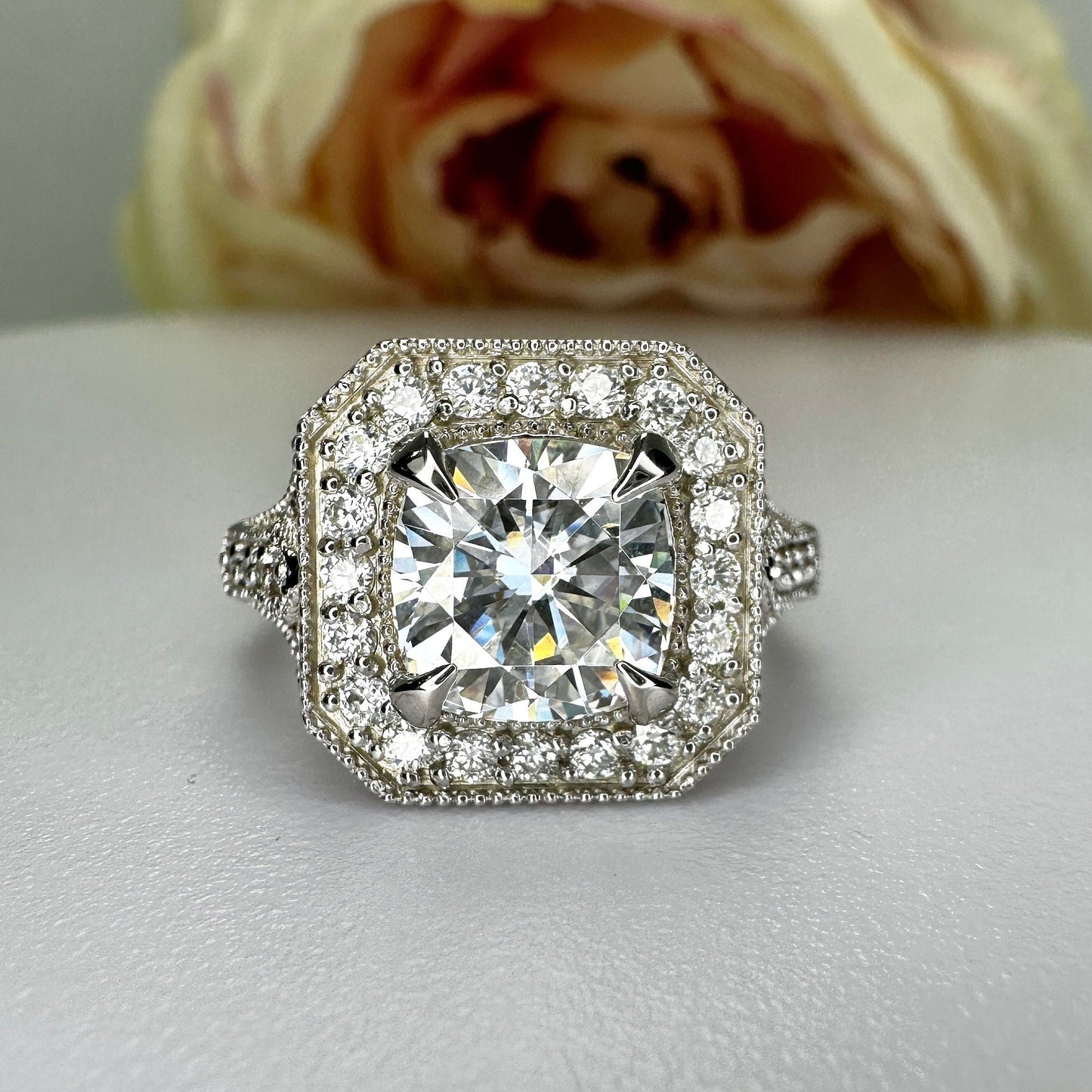 Cushion Cut Moissanite Engagement Ring For Women 14K White Gold, Vintage Unique Moissanite Engagement Rings, Edwardian Moissanite Ring #6381