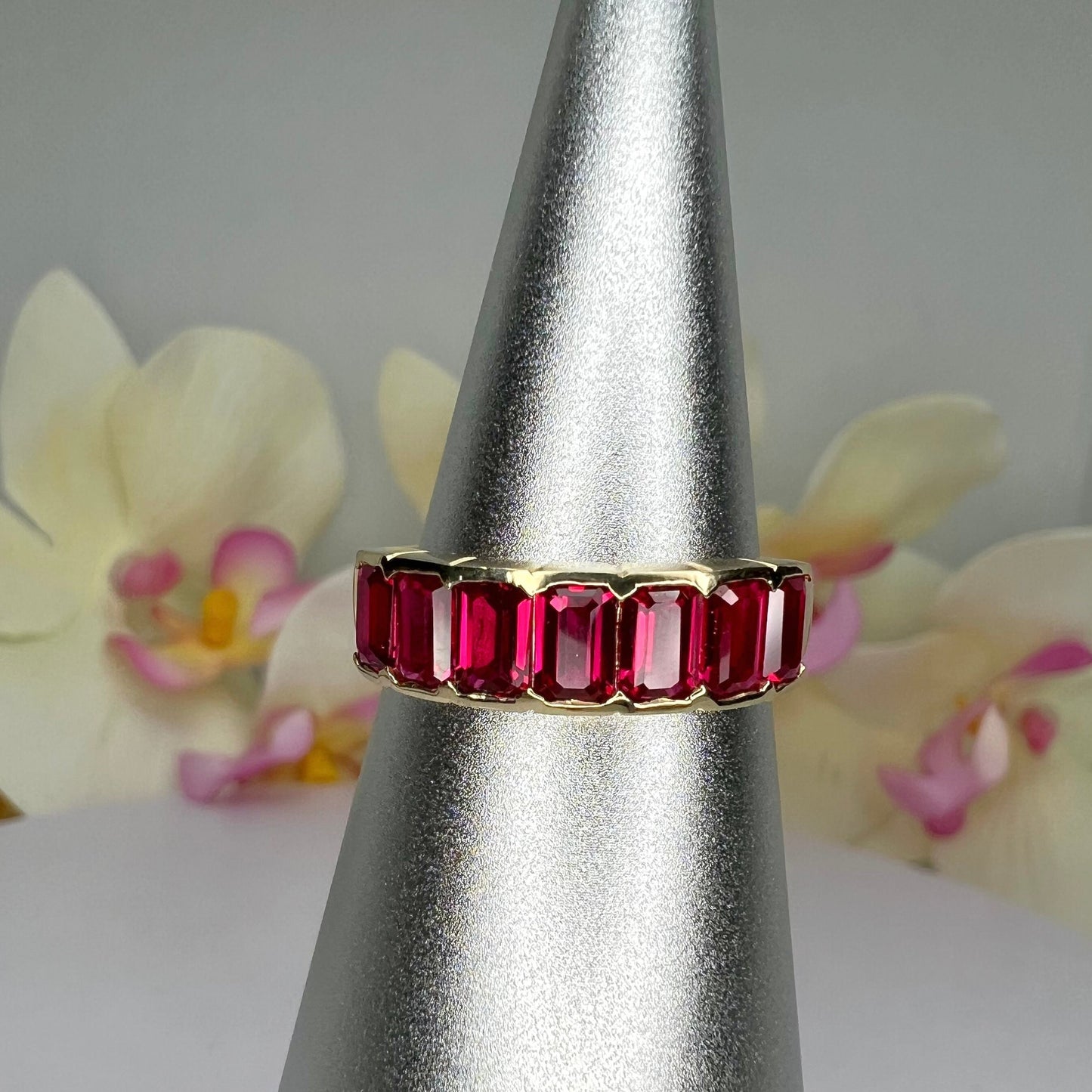 Ruby wedding band 14k white or yellow gold, seven stone wedding band, July birthstone ring, unique emerald cut red ruby stacking band #6270