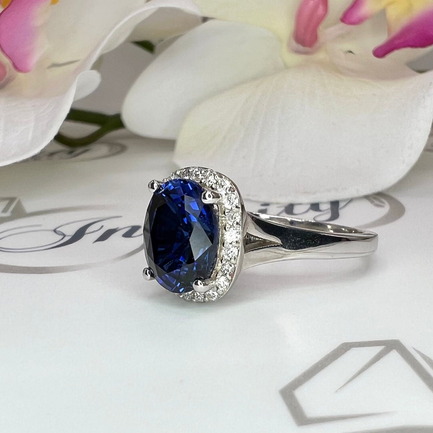 Oval Blue Sapphire Engagement Ring, Diamond Halo Ring, Sapphire And Diamond Ring, 14k White Gold / #5483