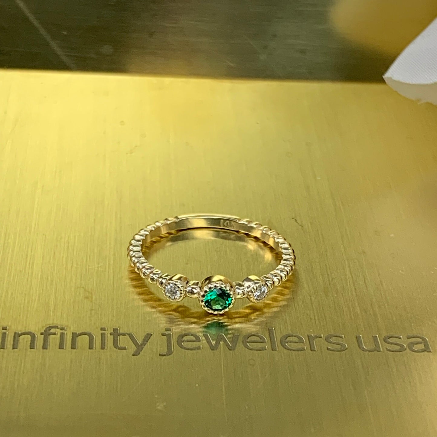 Stacking mothers ring 14k solid gold minimalist dainty emerald ring, thin emerald stacking rings, May birthstone Mother and child ring #6140