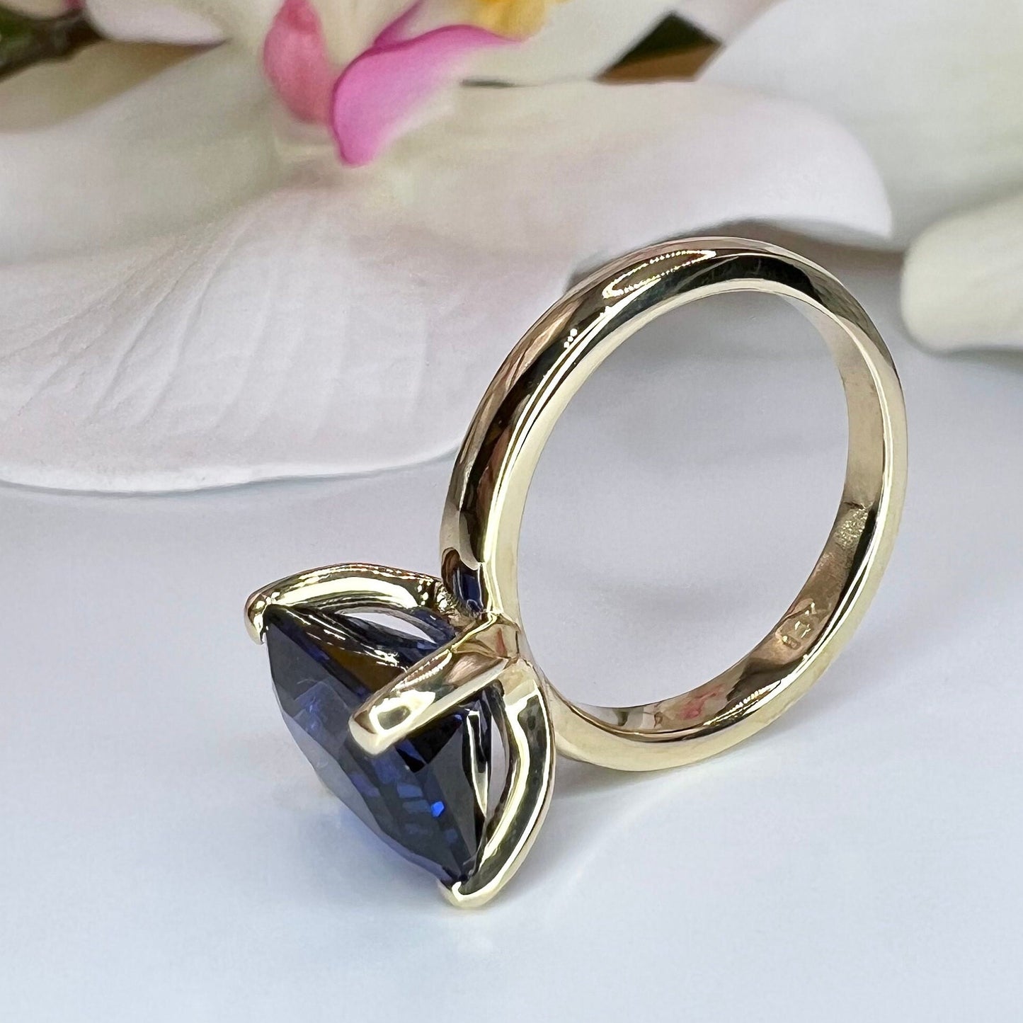 Emerald cut blue sapphire engagement ring yellow gold, Blue sapphire solitaire ring, September birthstone jewelry, Blue sapphire ring, #6132