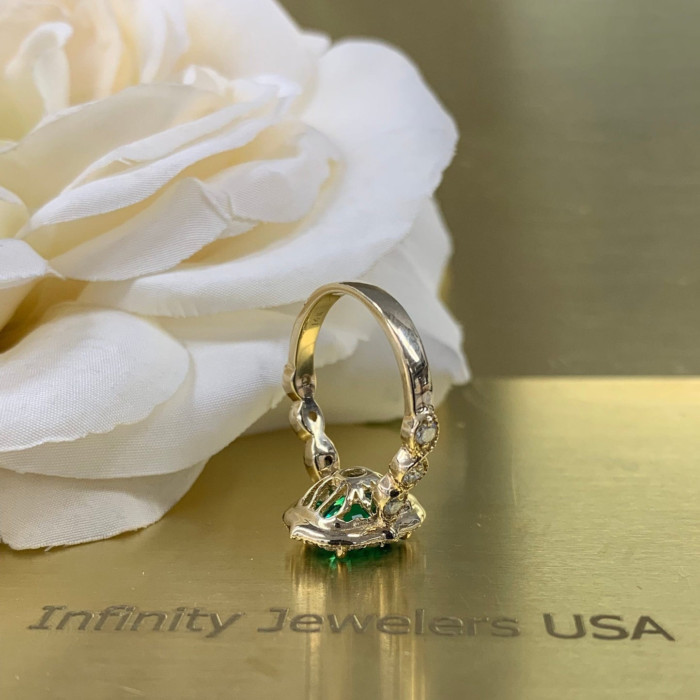 Cushion Cut Emerald And Diamond Halo Engagament Ring In 14K solid Yellow Gold Unique Vintage emerald promise anniversary wedding ring #5229