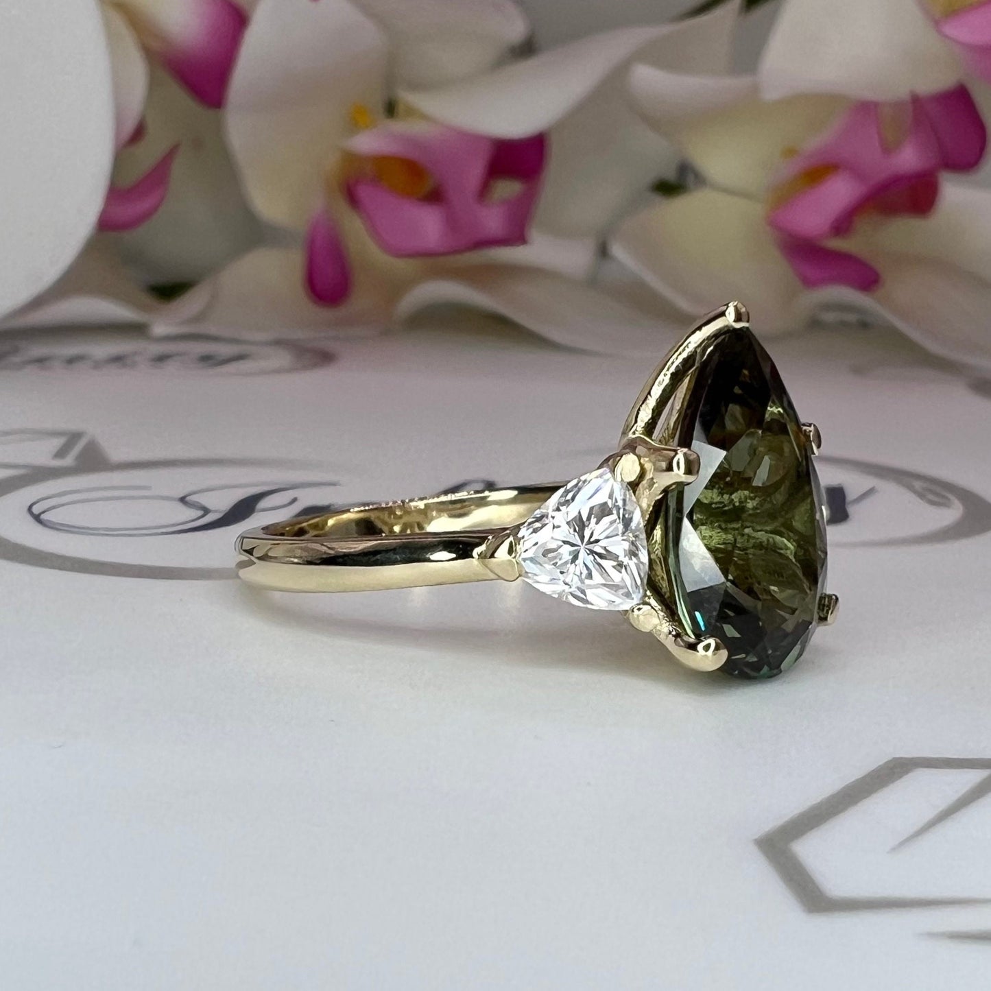 Pear Shape Olive Green Sapphire Engagement Ring White Gold Three Stone Sapphire Engagement ring Unique Wedding Promise Anniversary Ring 7408