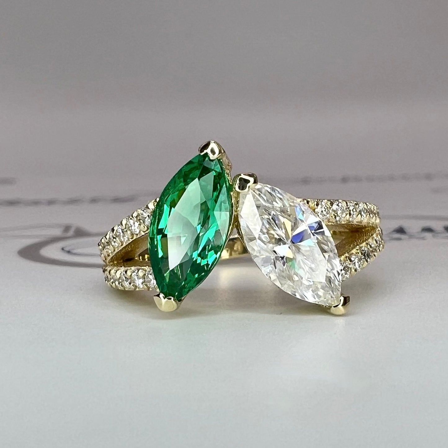 Toi et Moi Ring, Two Stone Engagement Ring Birthstone Ring Emerald Marquis and Moissanite Unique Engagement Ring Anniversary Ring Love Ring