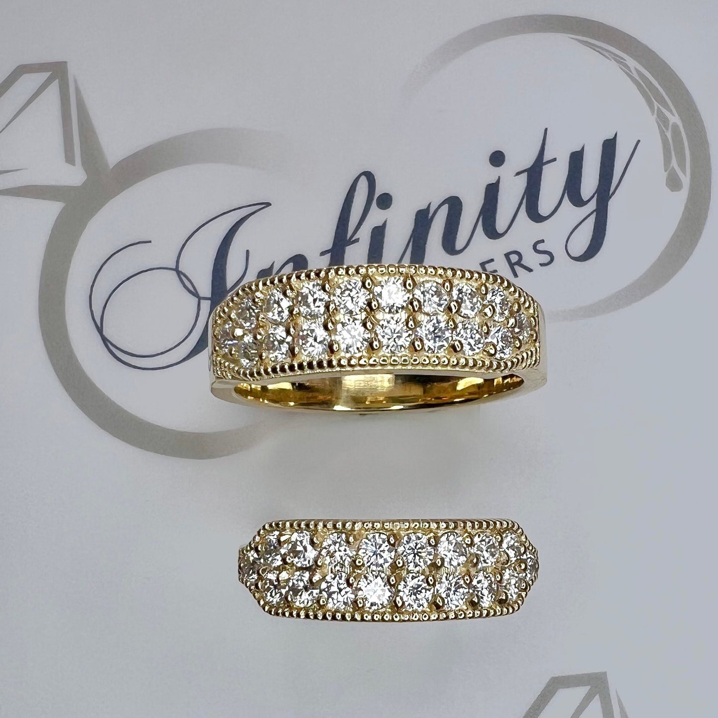 Mens wedding band 14k solid gold, two row mens moissanite wedding band, mens engagement band, mens diamond ring thick half eternity #7927