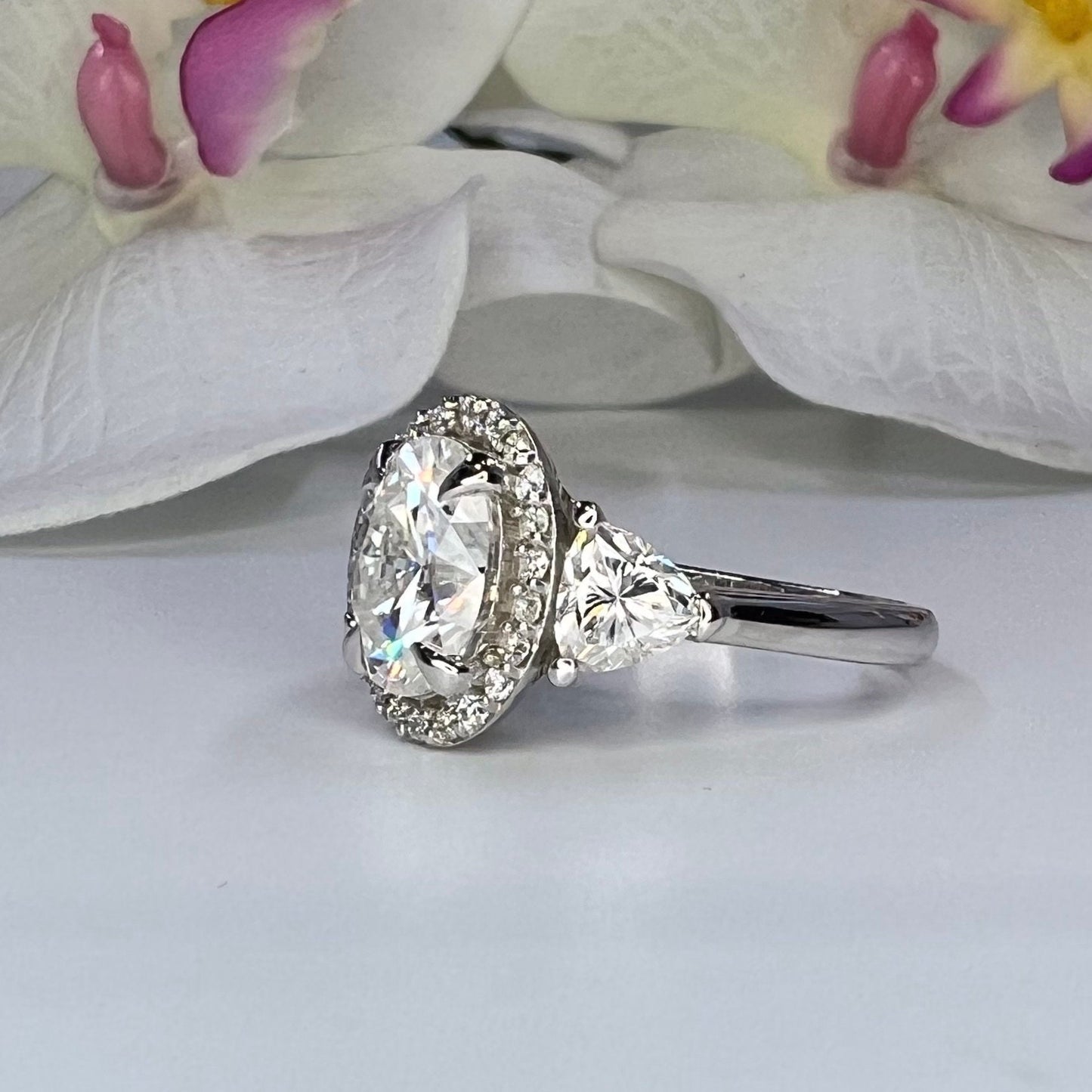 Oval Moissanite Engagement Ring 14K White Gold, Three Stone Oval Moissanite Engagement Ring, Halo Oval Wedding Ring For Ladies, #6916 #6917