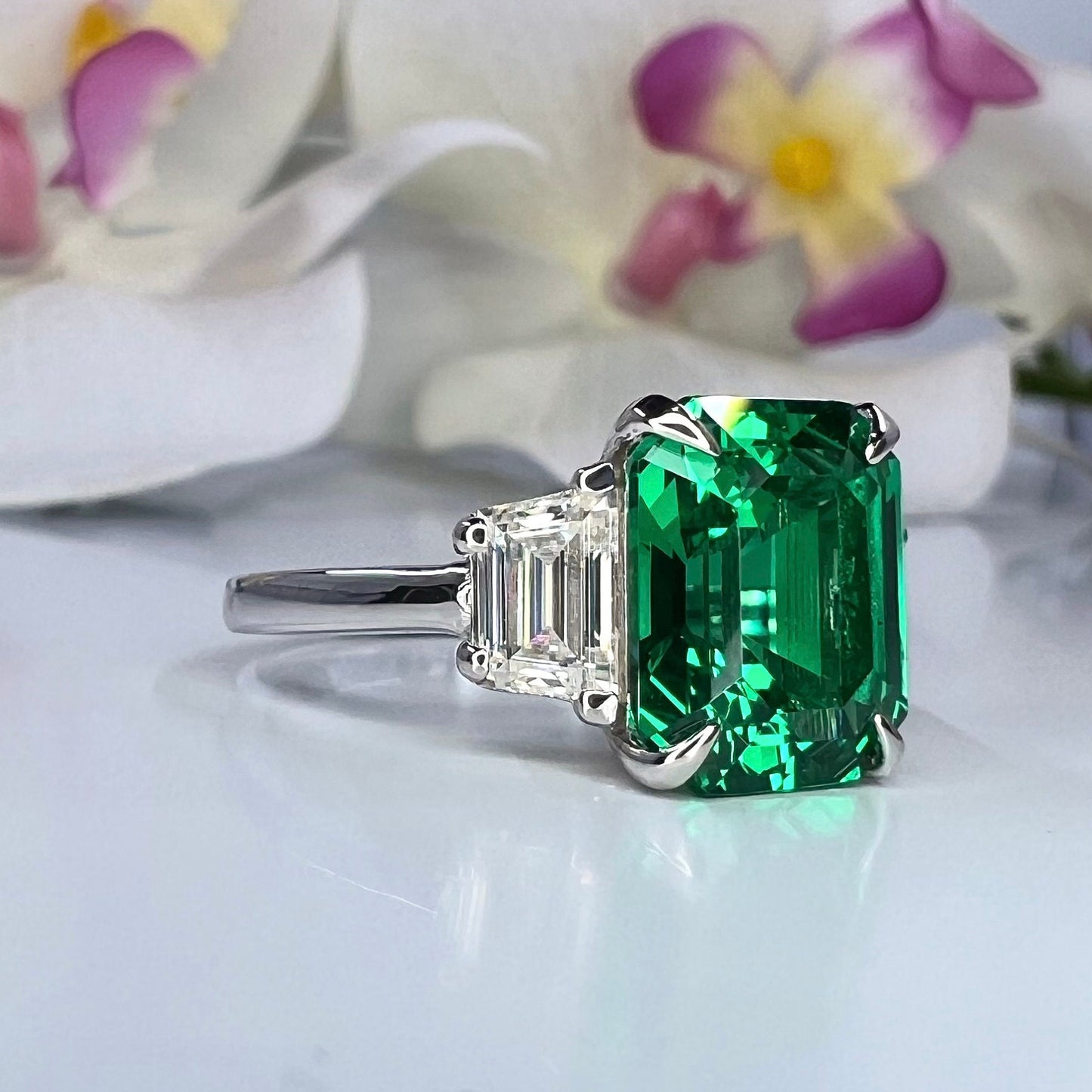 Emerald Cut Emerald Engagement Ring with Trapezoid 14K Solid White Gold, Emerald Three Stone Ladies Ring, Unique Emerald Wedding Ring #7080