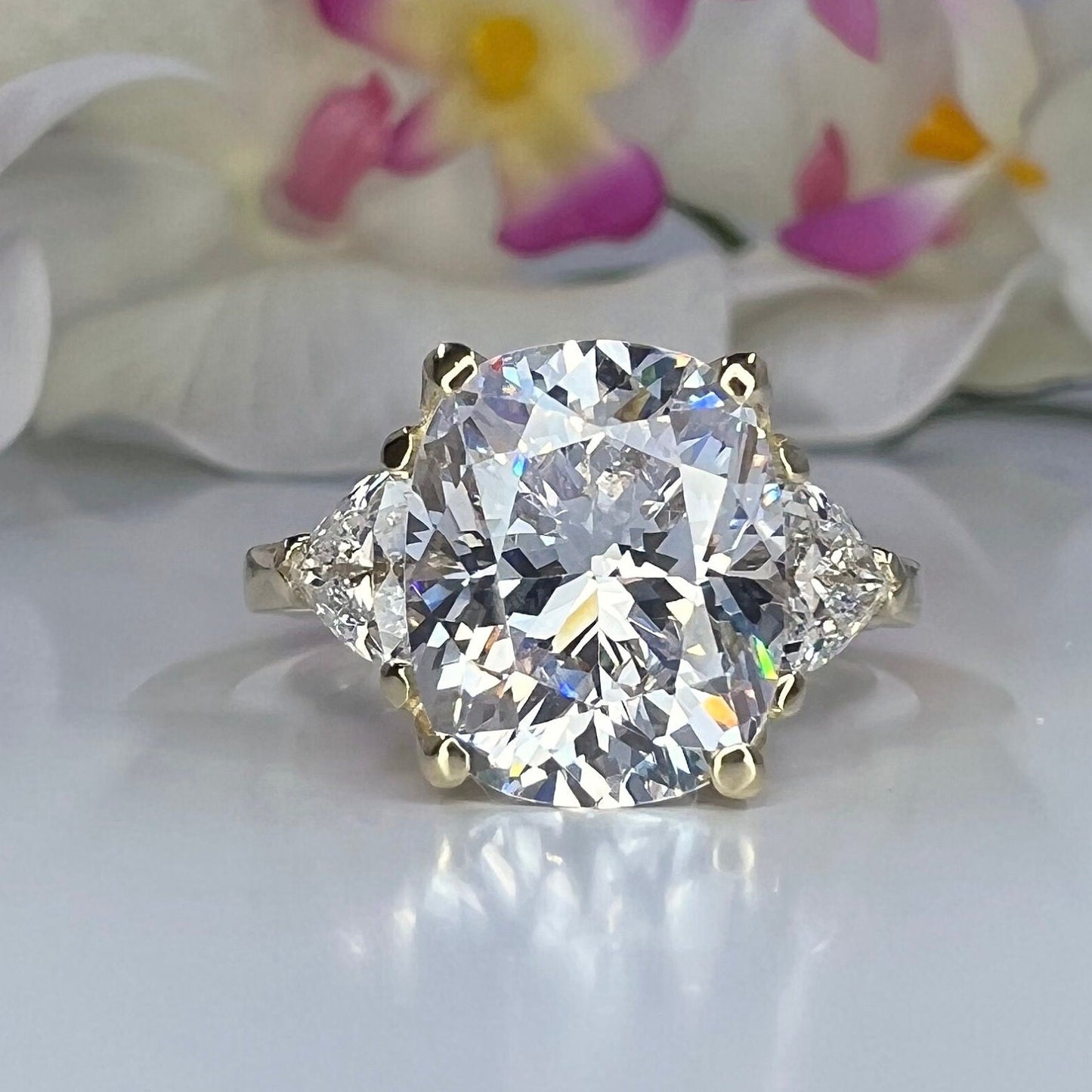 Moissanite Engagement Ring Cushion Cut, Elongated Cushion Shaped Three Stone Wedding Ring, 14k White Gold Trillion Moissanite Ring, #5545