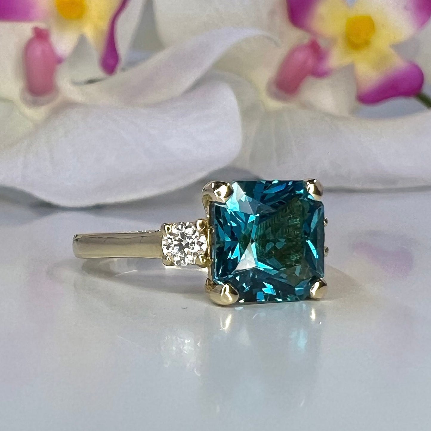 Blue Radiant Cut Engagement Ring With Moissanite Accents in 14K White Gold, London Blue Wedding Ring, Gift For Her