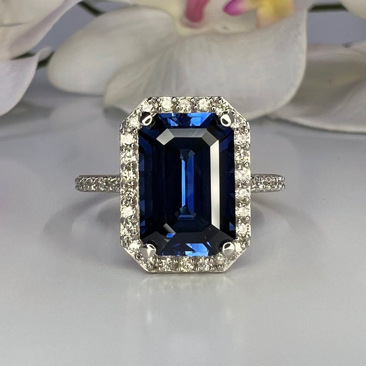 Elongated emerald cut rich blue sapphire, diamond halo, engagement ring 5.00ctw, 14k white gold #6058 #6804