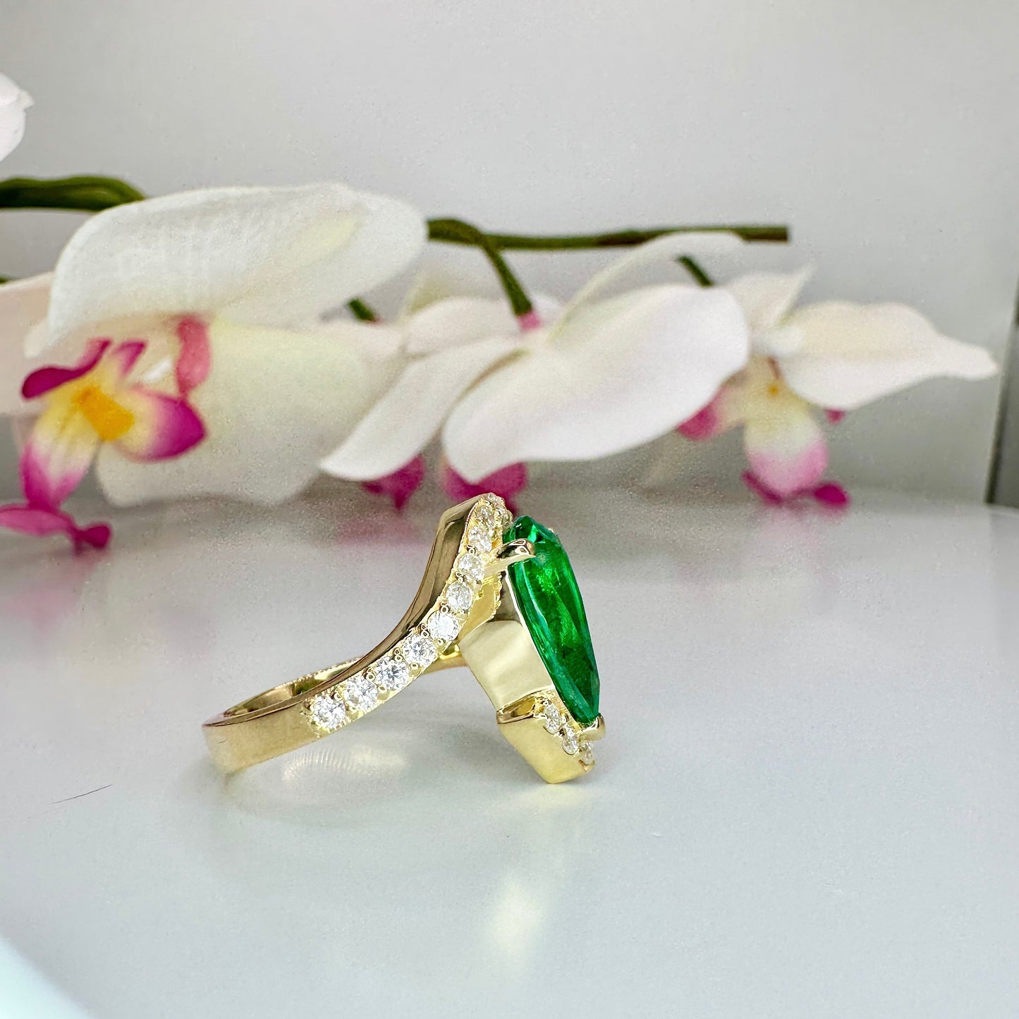 Green Emerald pear cut engagement ring 14k solid gold, Unique September birthstone anniversary ring, something blue bridal jewelry handmade,