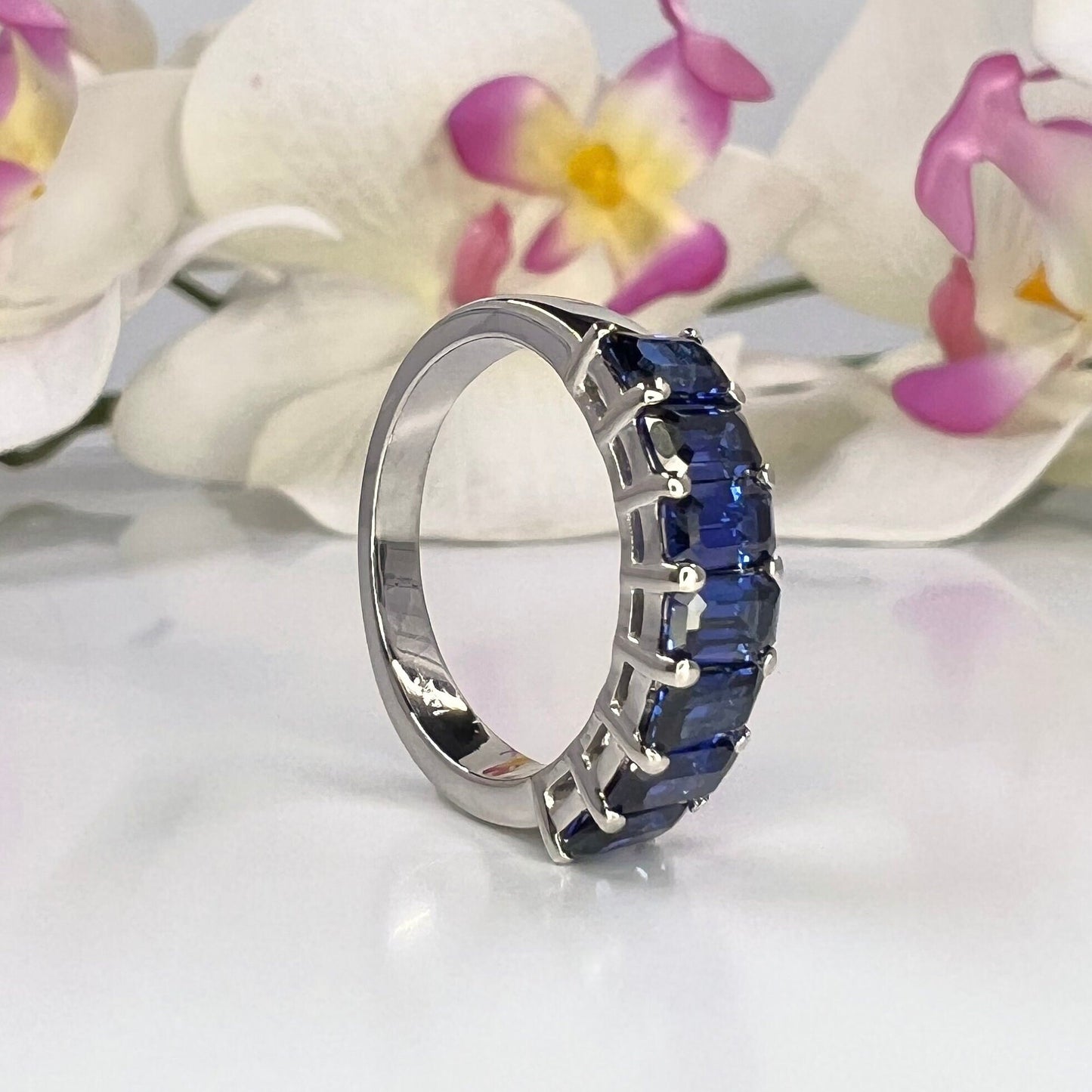 Blue sapphire ring, Seven stone blue sapphire wedding band, deep blue sapphire ring, emerald cut sapphire, September birthstone ring