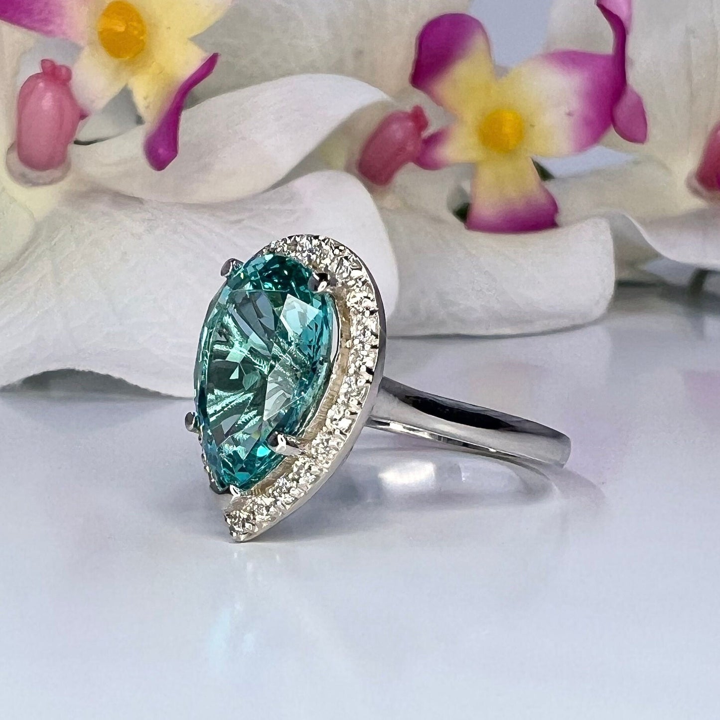 Paraiba Tourmaline Engagement Ring 14K White Gold, Pear Shaped Halo Wedding Ring, Pear Shaped Blue Tourmaline Moissanite Halo Ring, #7971