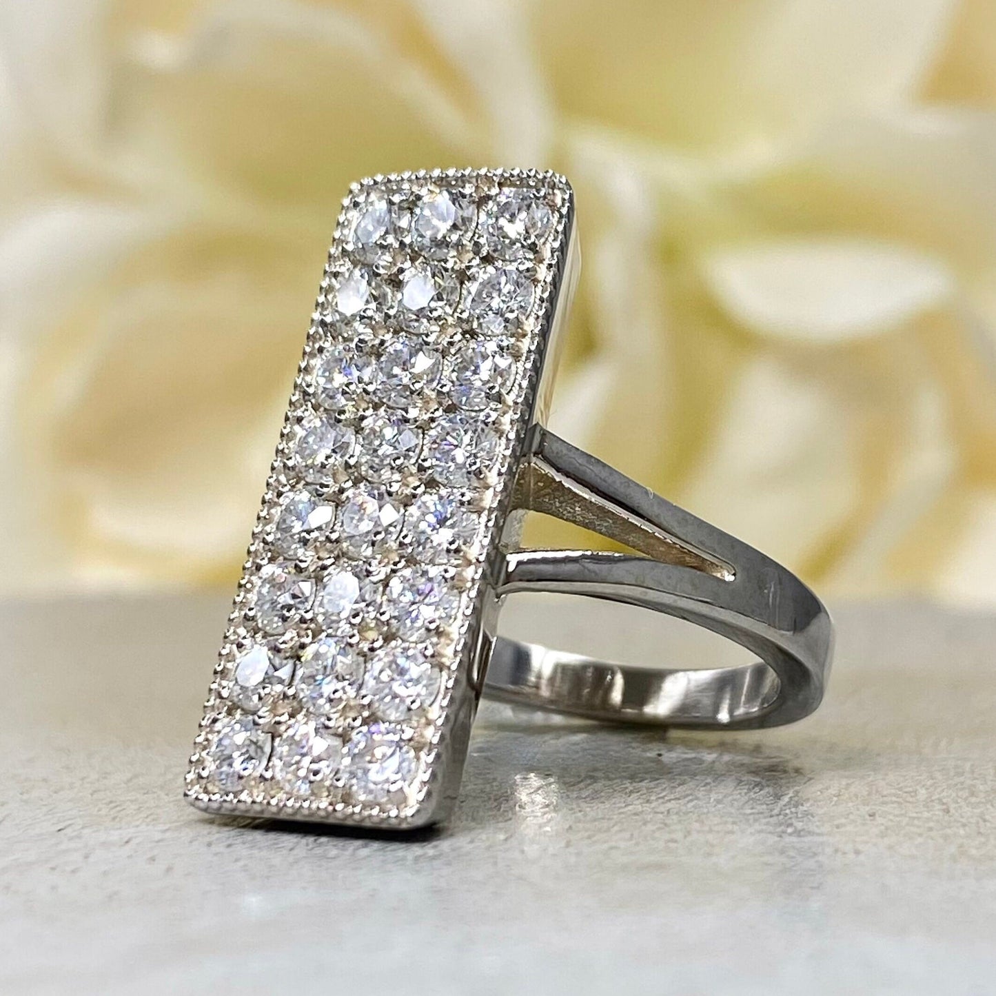 Moissanite Ring 14K White Gold, Moissanite Diamond Cluster Ring For Ladies, Unique Bar Ring Moissanite Diamond Engagement Ring 7229