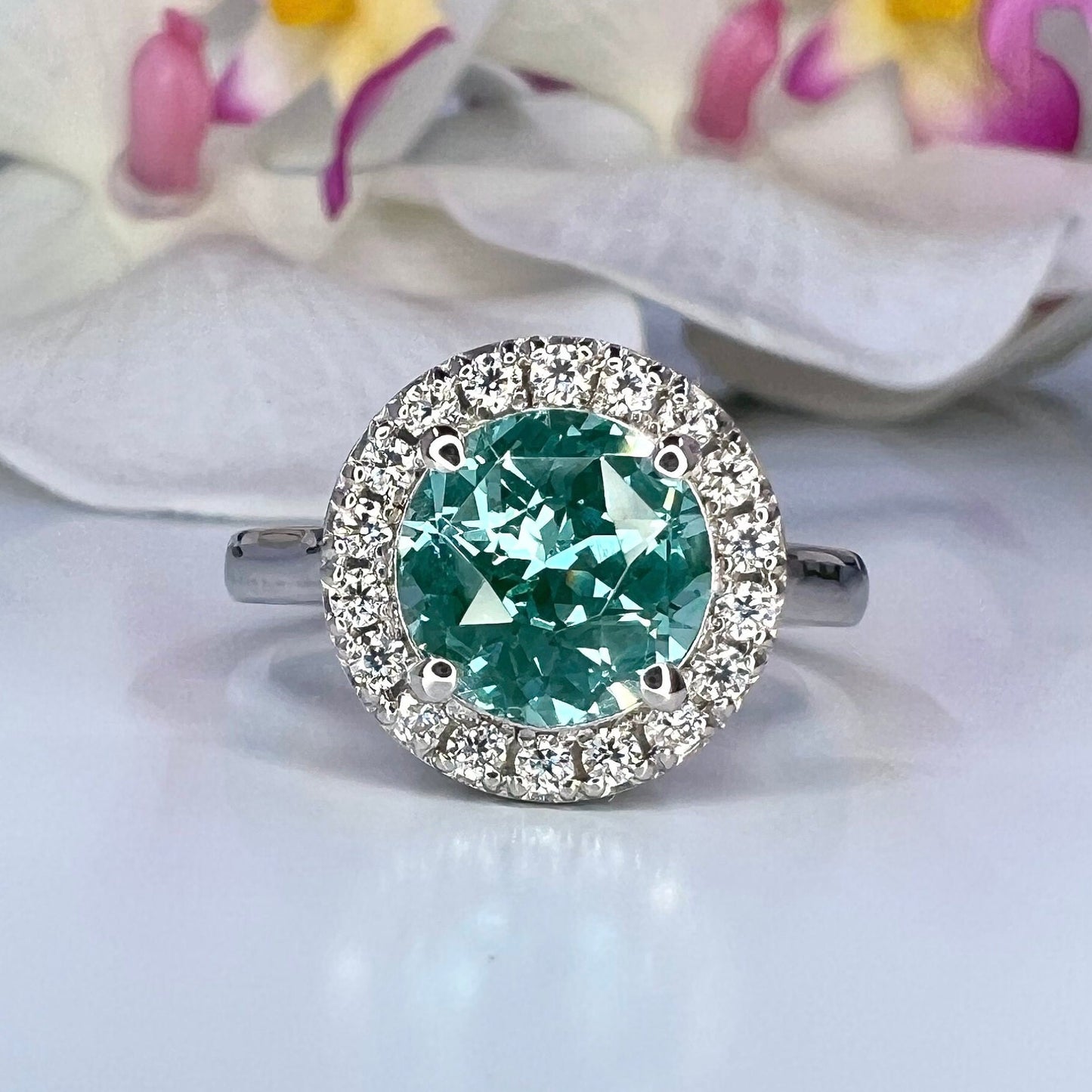 Teal Green Paraiba tourmaline vintage engagement ring, moissanite halo 14k solid gold, Unique vintage style teal green wedding ring, #7994