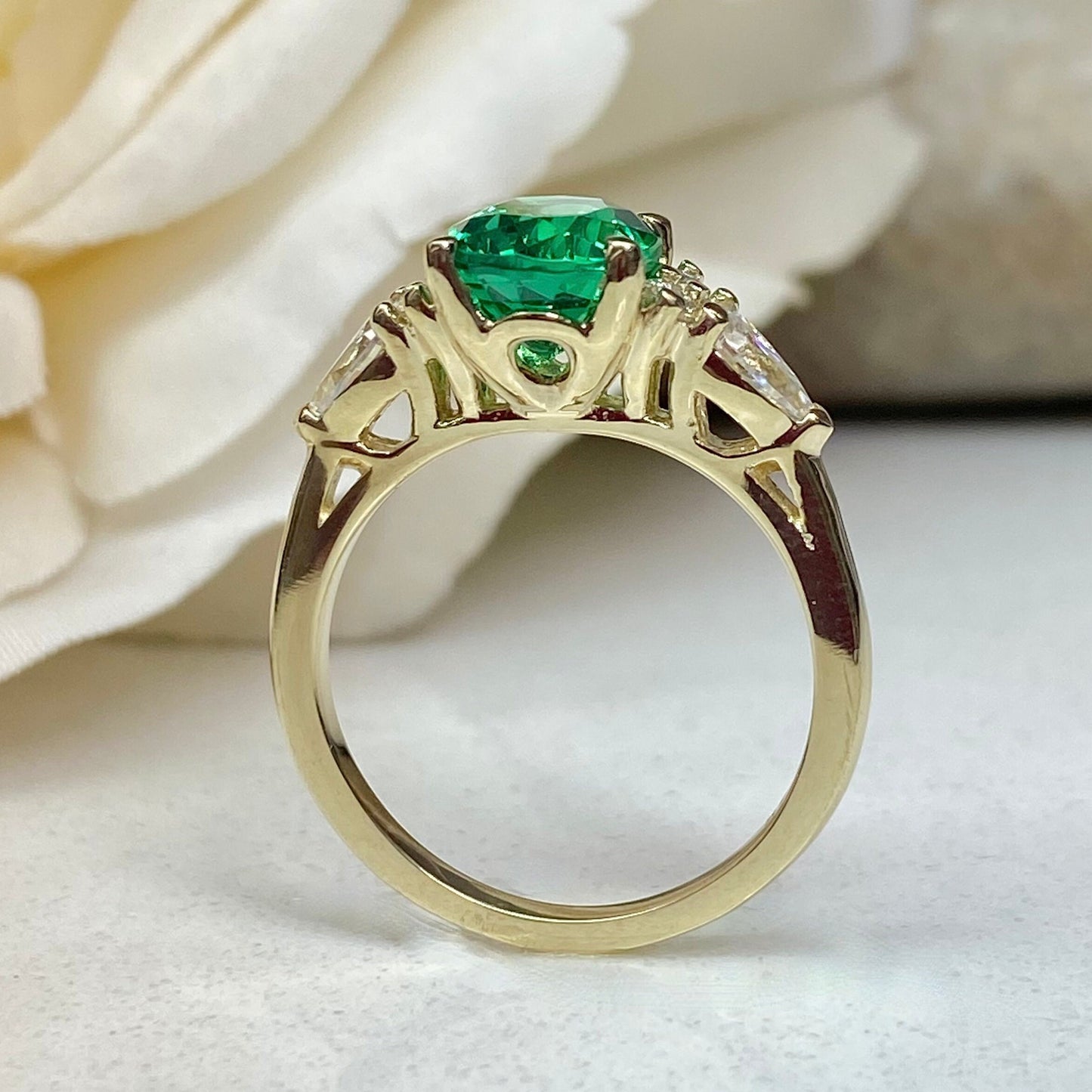 Oval Cut Emerald Engagement Ring, 14k Gold Oval Cut Emerald And Pear Moissanite Wedding Ring, Pear And Round Cluster Moissanite Ring #7142