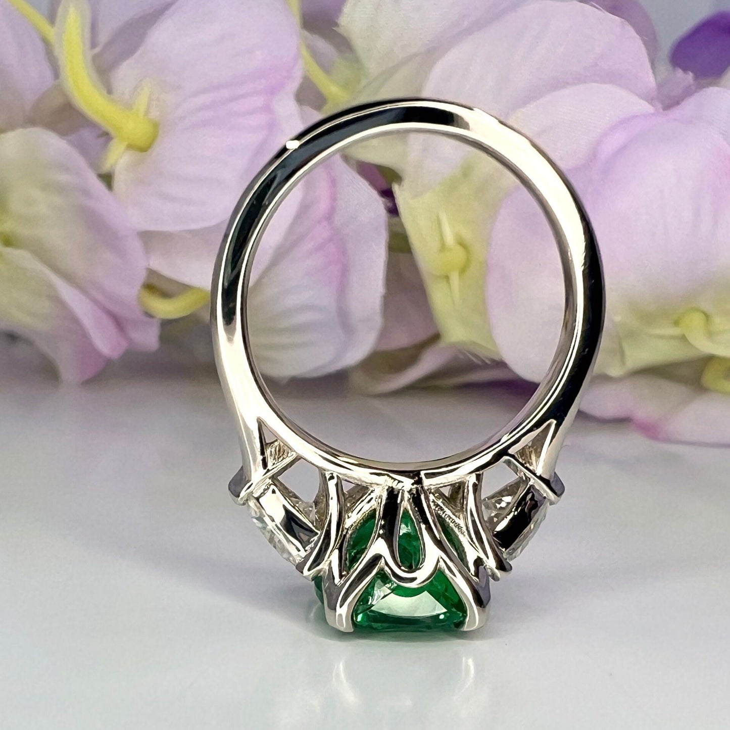Elongated cushion cut emerald engagement ring with moissanite trillions 14k white gold Unique three stone emerald wedding promise ring #5514
