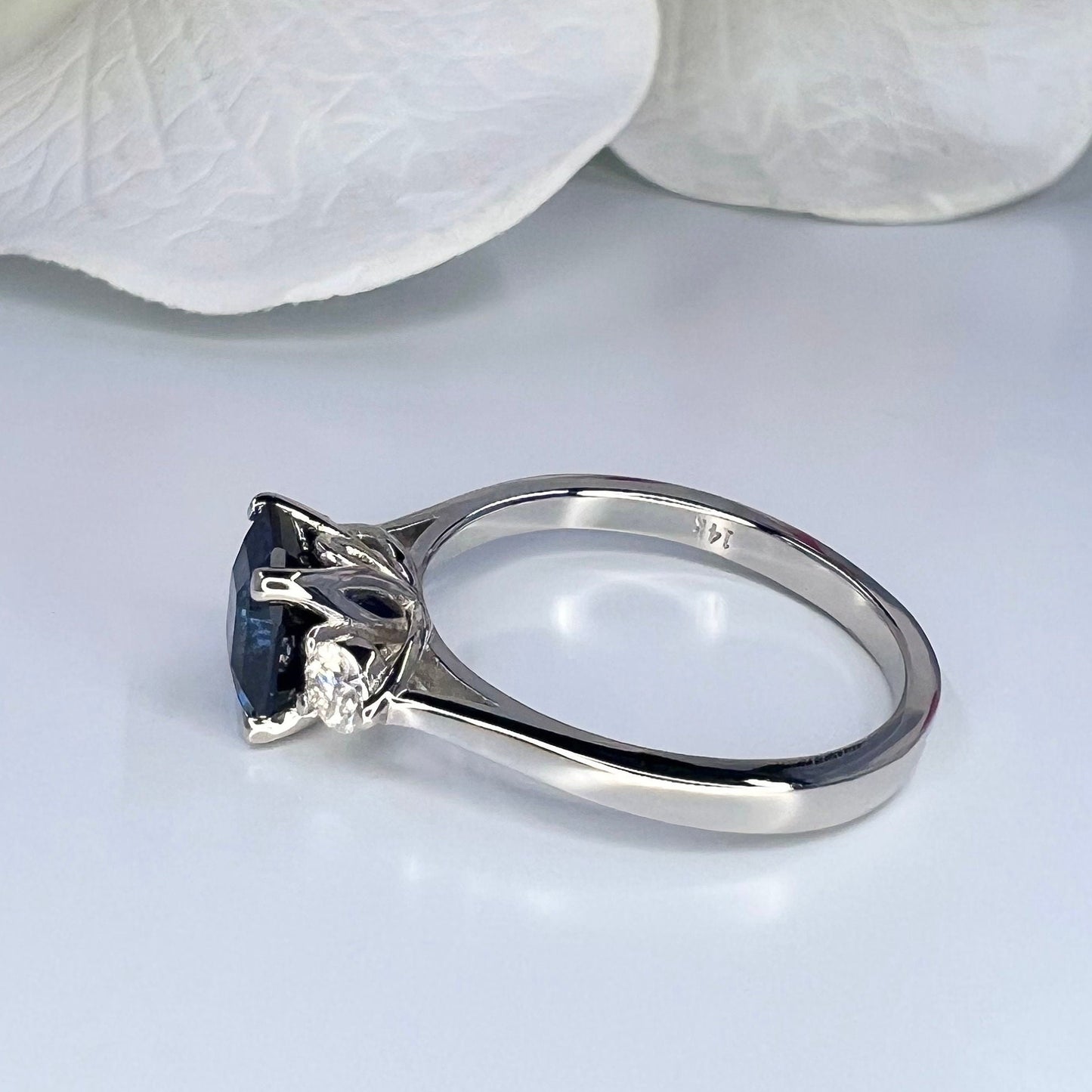 Blue sapphire asscher cut engagement ring, with round Moissanite 14k white gold