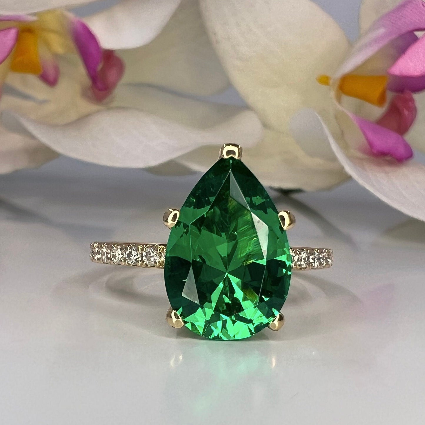 Pear Shape Emerald And Moissanite Engagement Ring, Green Emerald Pear Wedding Ring, Large Pear Shape And Moissanite Accents Ladies Ring 6178