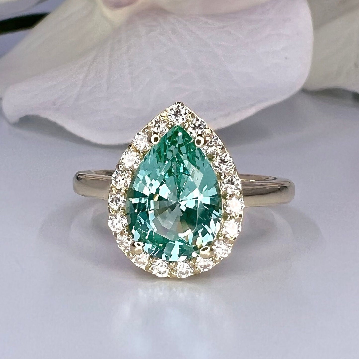 Teal Paraiba Tourmaline Engagement Ring 14K White Gold, Pear Shaped Halo Wedding Ring  Moissanite Halo Ring, Solitaire wedding ring,  #7993