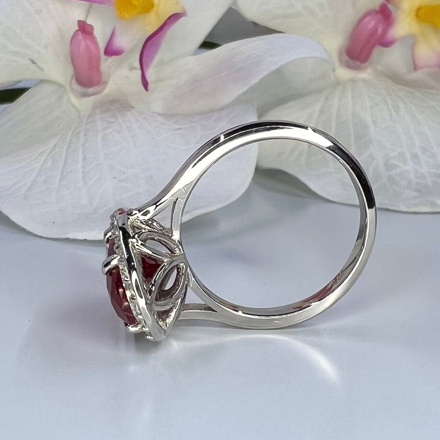 Elongated Oval Cut Engagement Ring / Red Ruby Wedding Ring / Moissanite Halo Ladies Ring / Anniversary Gift / 14k Yellow Gold / #6177