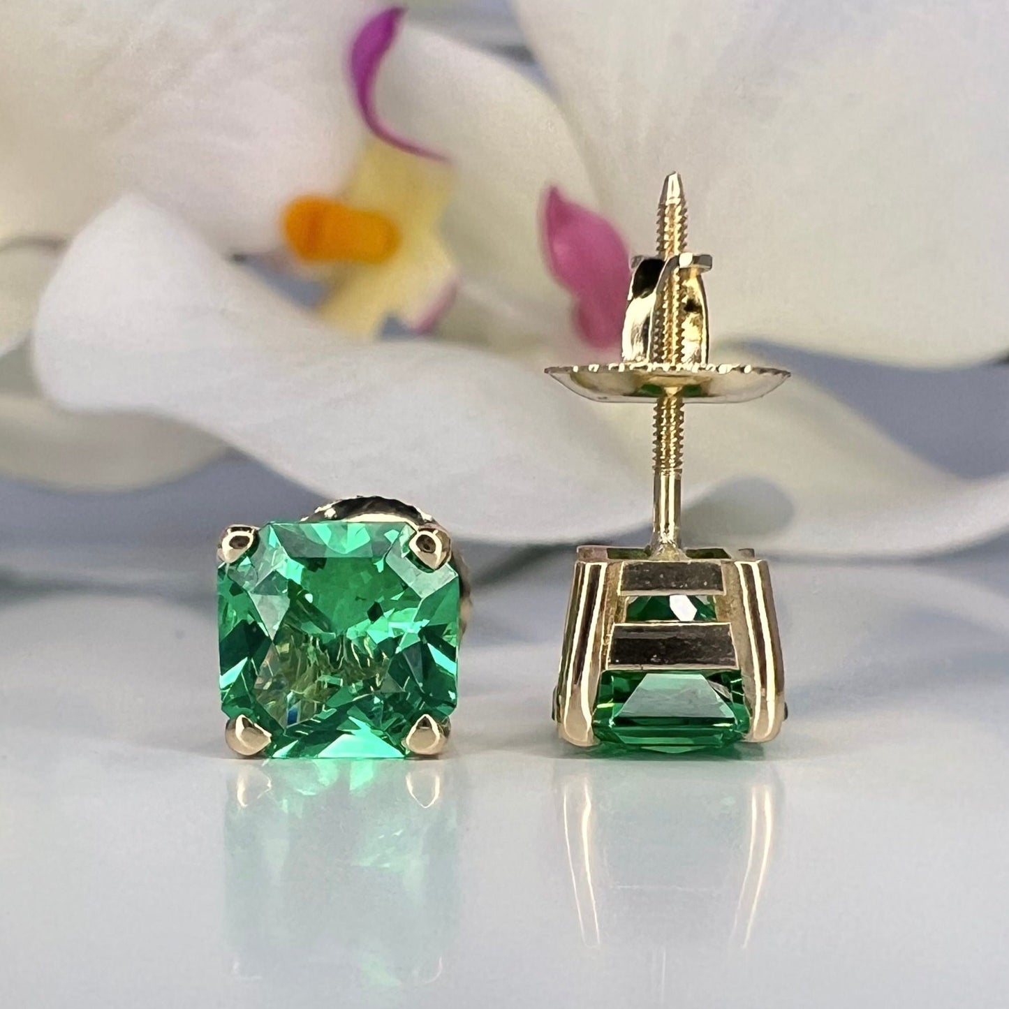 Radiant Cut Stud Earrings / Green Emerald Earrings / Screw Backs / 2.00ctw / 14k Yellow Gold / #6326