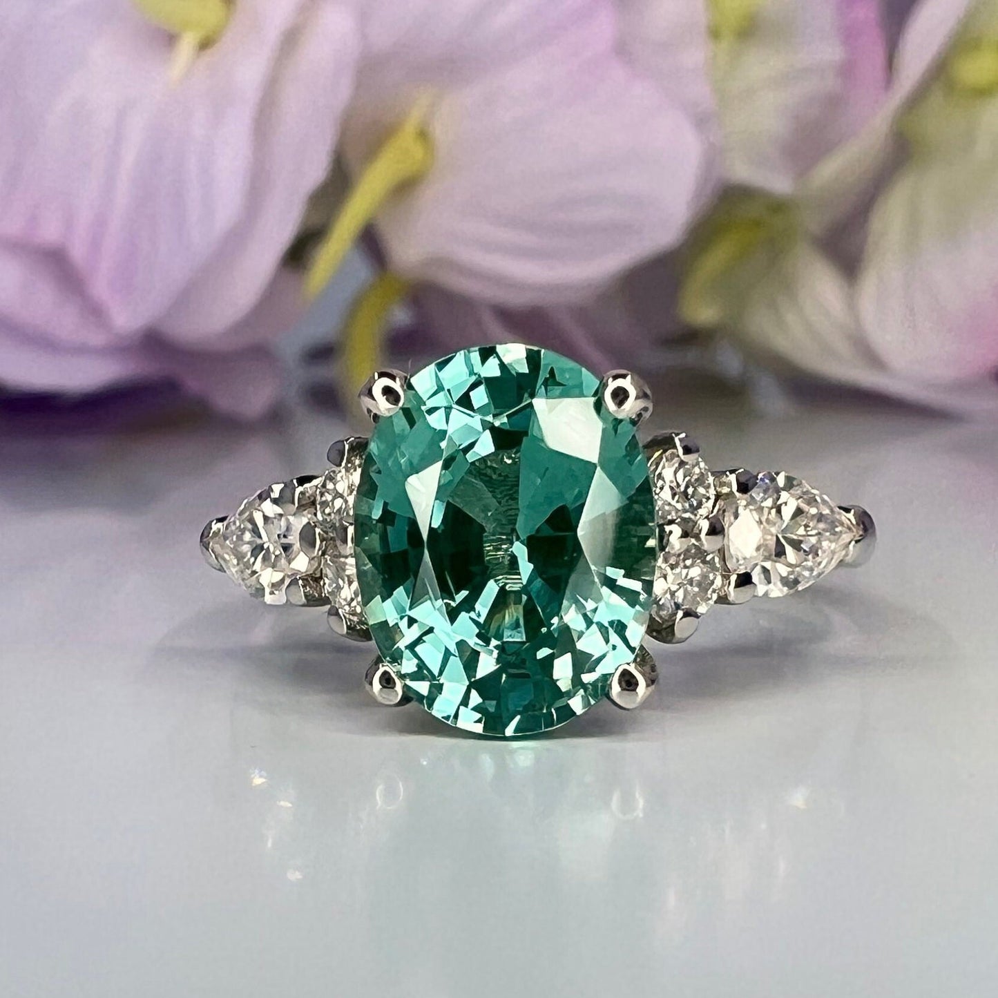 Oval cut teal green tourmaline ring 14K solid gold paraiba tourmaline engagement ring Unique vintage moissanite wedding ring for women #7997