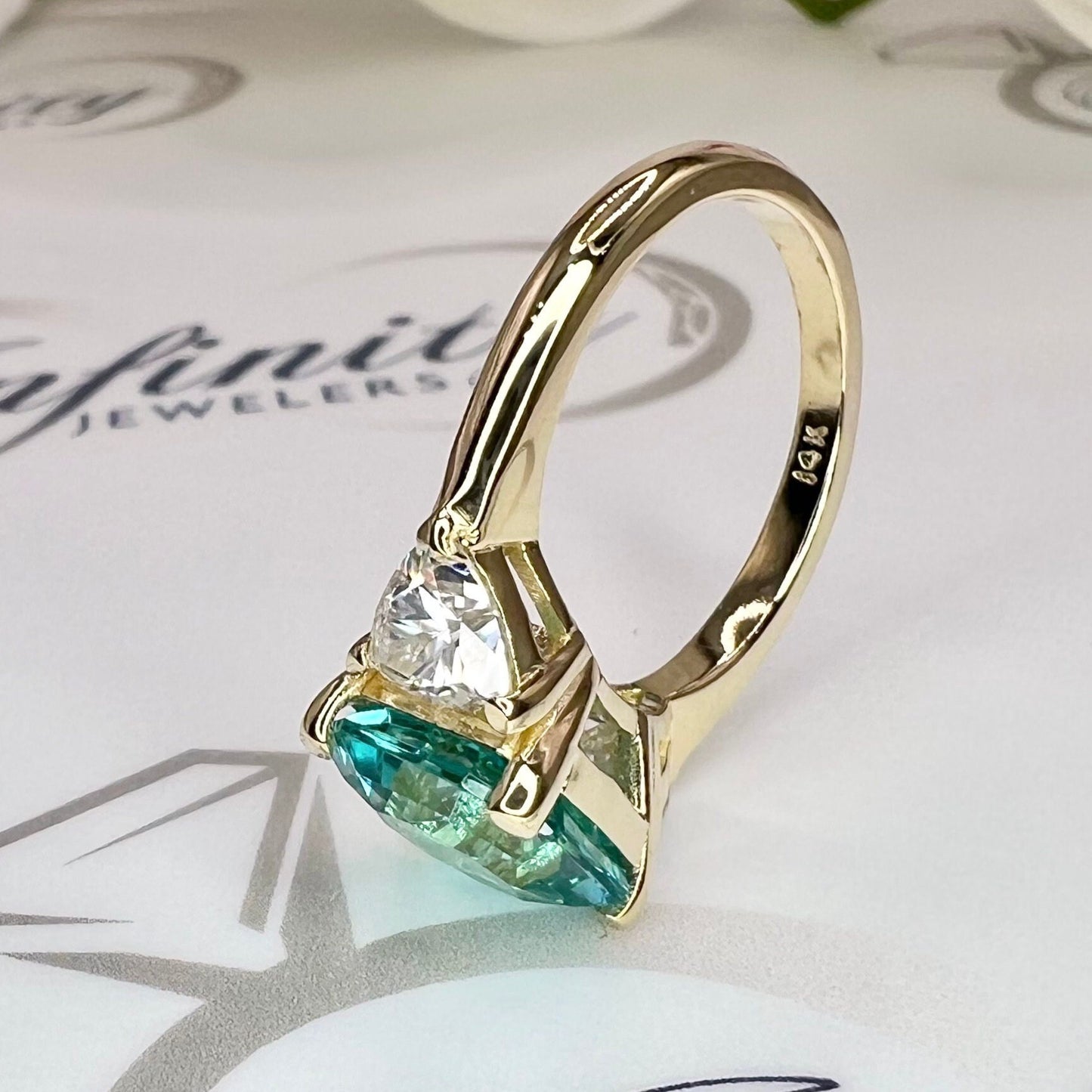 Paraiba Tourmaline Engagement Ring And Moissanite Accents 14K Yellow Gold, Radiant Cut Paraiba Tourmaline With Trillion Sides, #6927