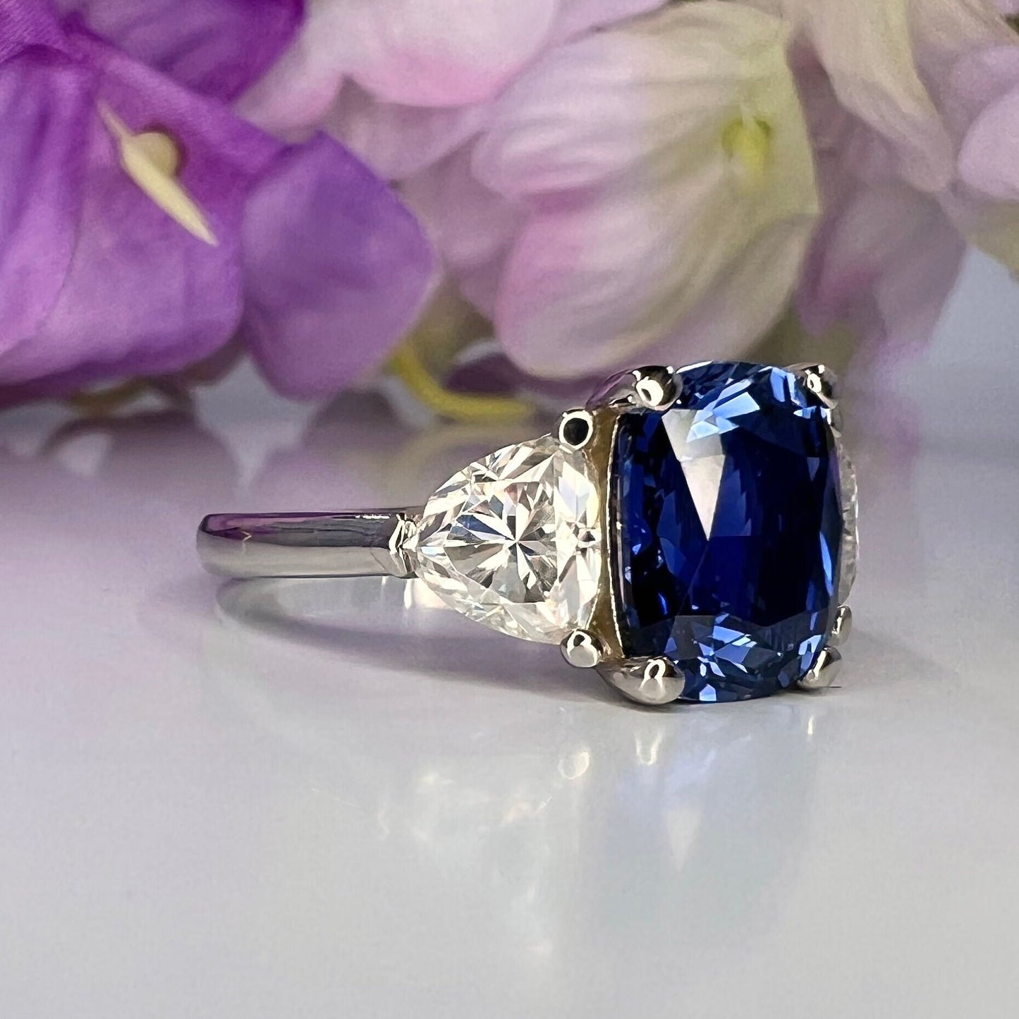 Elongated Cushion Cut Blue Sapphire Engagement Ring and Moissanite Trillion Accents, Blue Sapphire and Moissanite Ring 14K White Gold #6800