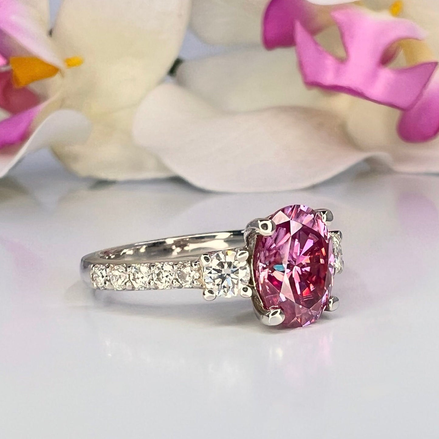 Pink moissanite ring 14k solid gold, Pink oval cut moissanite engagement ring for women, Unique moissanite wedding anniversary rings, #8015