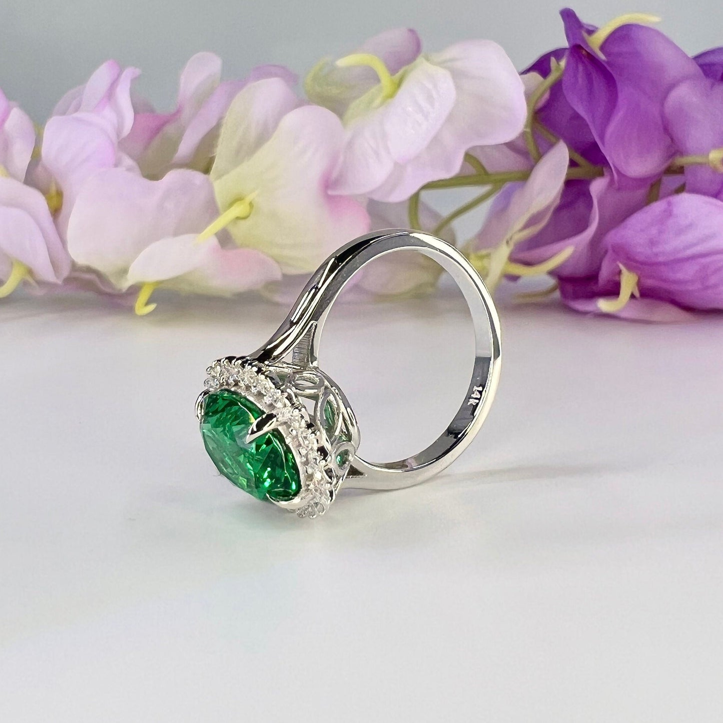 Oval Emerald Halo Engagement Ring 14K White Gold Unique Vintage Oval Emerald Promise Anniversary Bridal Ring Oval Emerald Ladies Ring #7262