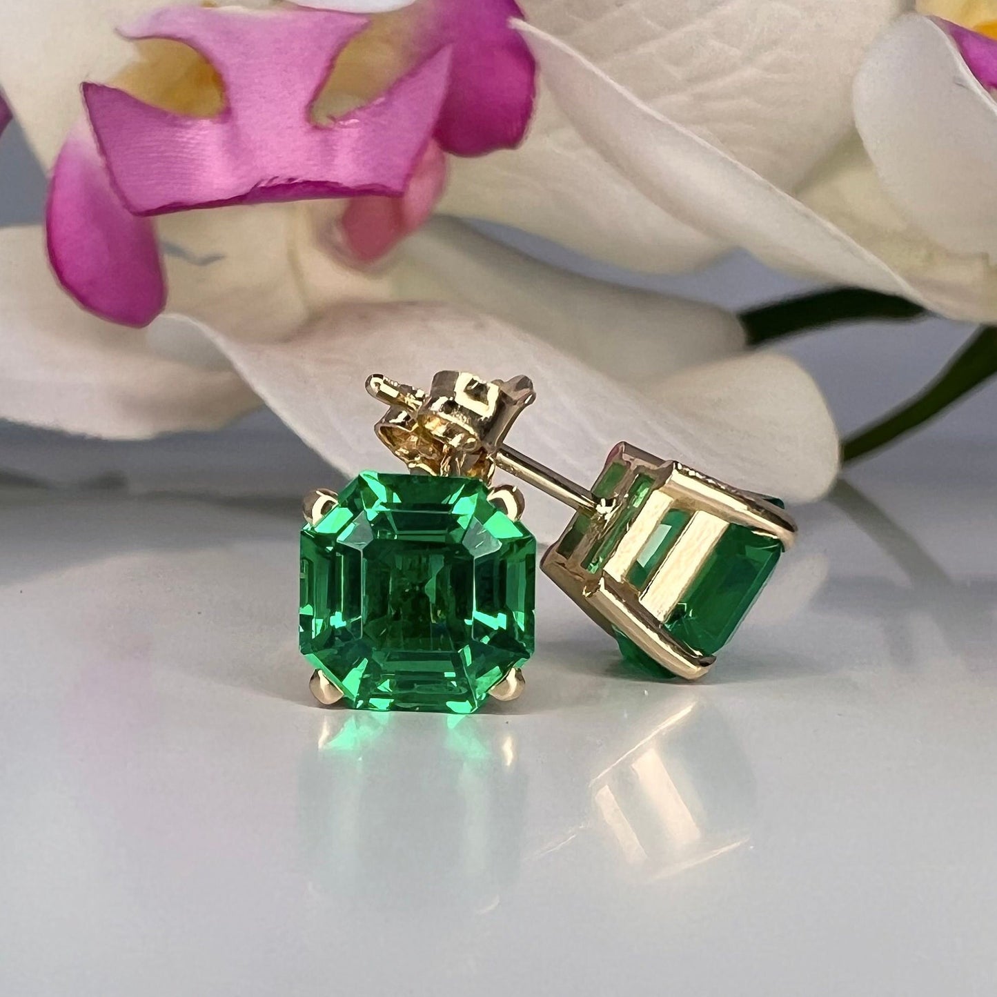 Asscher Cut Emerald Stud Earrings, 3.50ctw 14k Gold Emerald Earrings For Her, Asscher Cut Emerald May Birthstone Unisex Stud Earrings