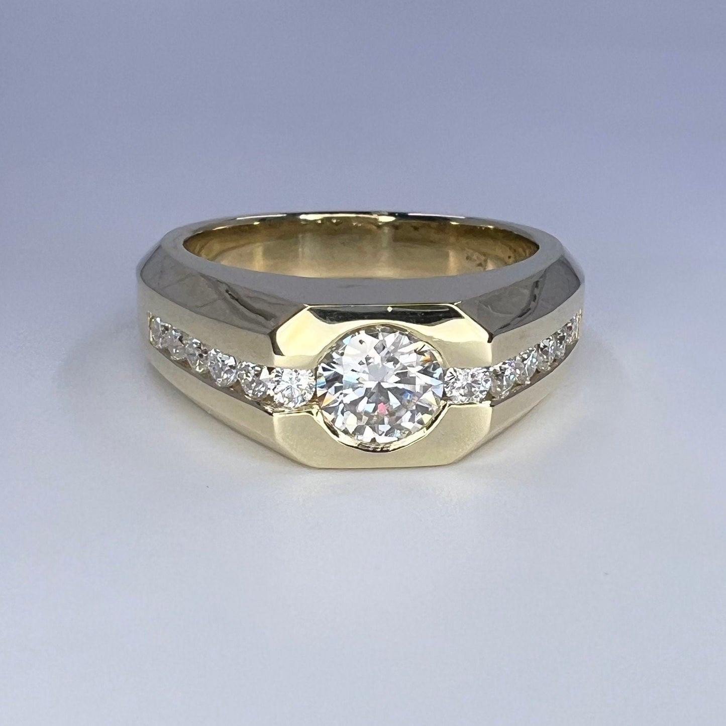 Round Moissanite mens ring 14k solid gold, half bezel mens diamond ring, Fathers day gift, mens pinky ring, real diamond ring mans, #8075