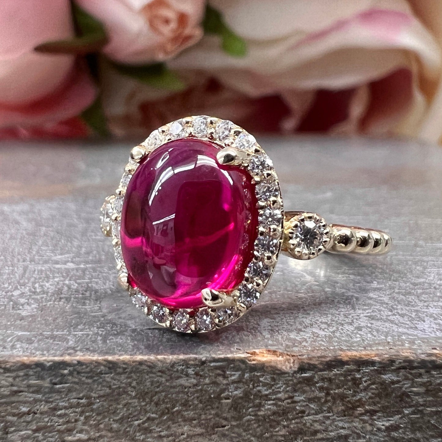 Vintage Oval Cabochon Ruby Engagement Ring 14K Solid Yellow Gold Unique Vintage Ruby Cabochon Wedding Anniversary Promise Bridal Ring  #7399