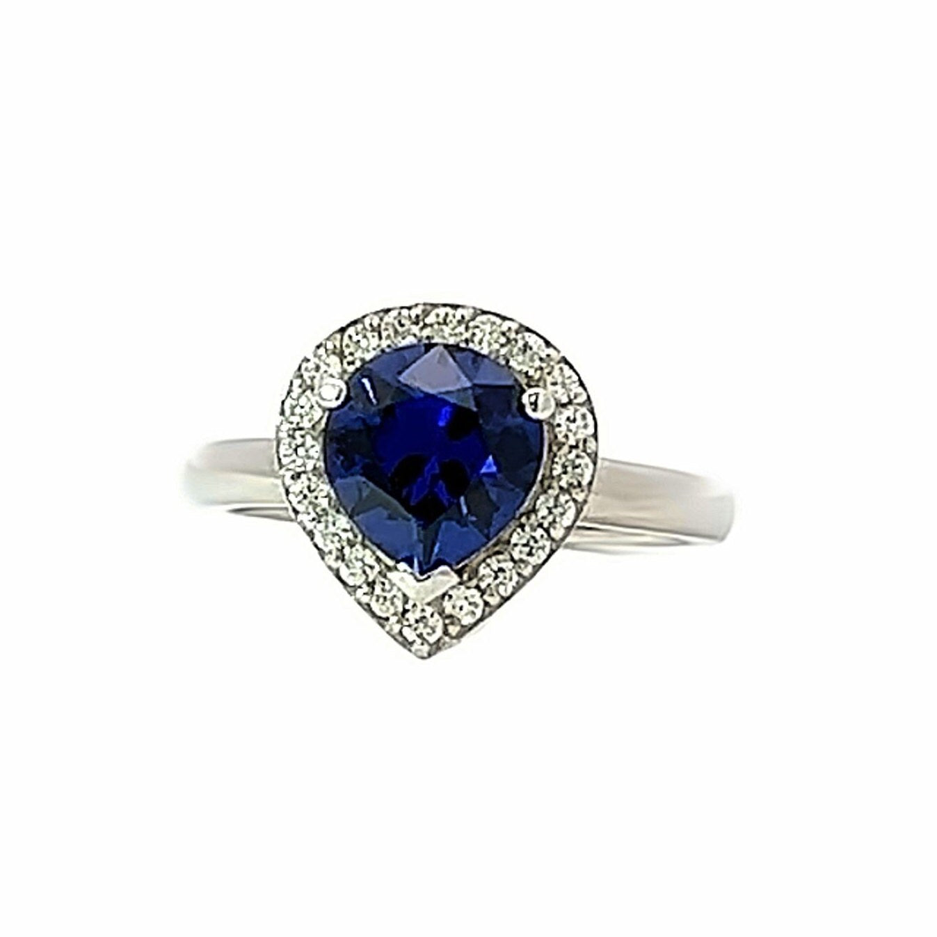Pear shaped blue sapphire and moissanite engagement ring 14k solid gold, Moissanite halo sapphire wedding ring, September birthstone, #8012