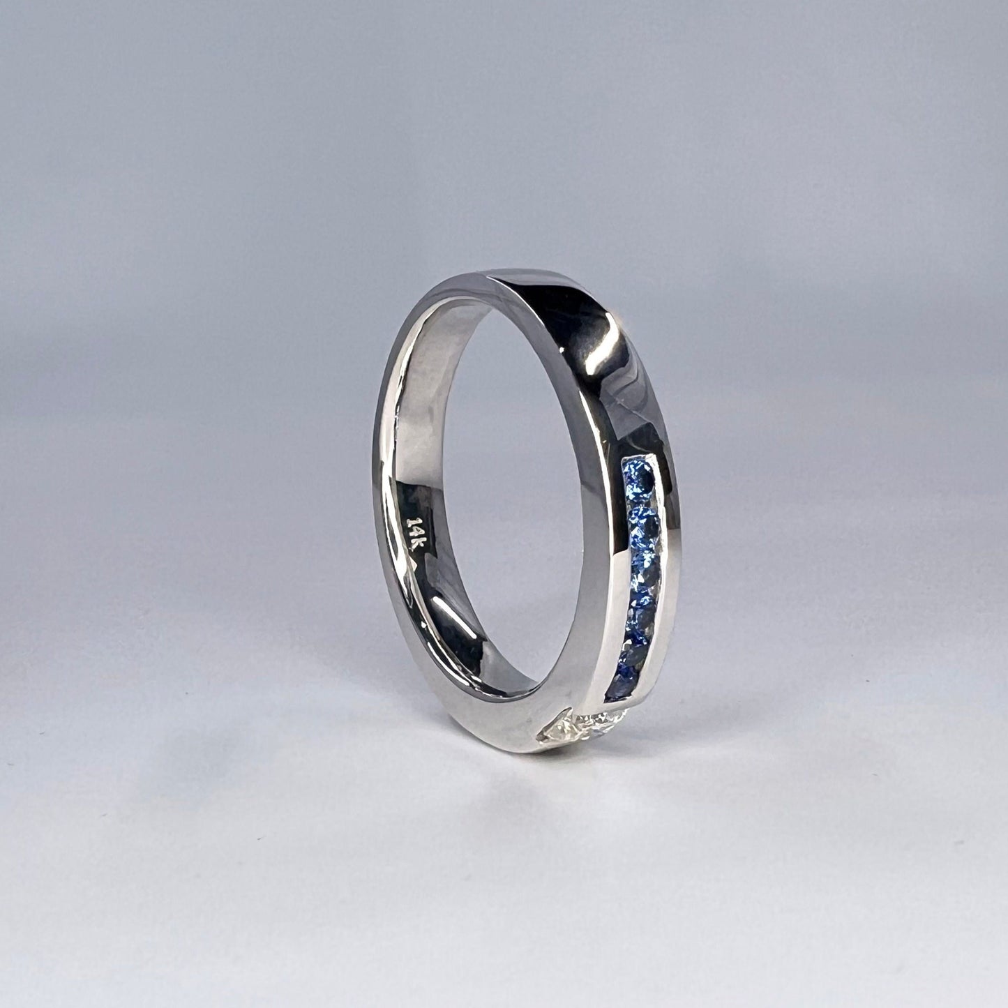 Mens Moissanite and Blue Sapphire Wedding Band 14K Solid Gold Mens White Gold Wedding Band, Wide Wedding Band, Blue Sapphire Mens Band #8183