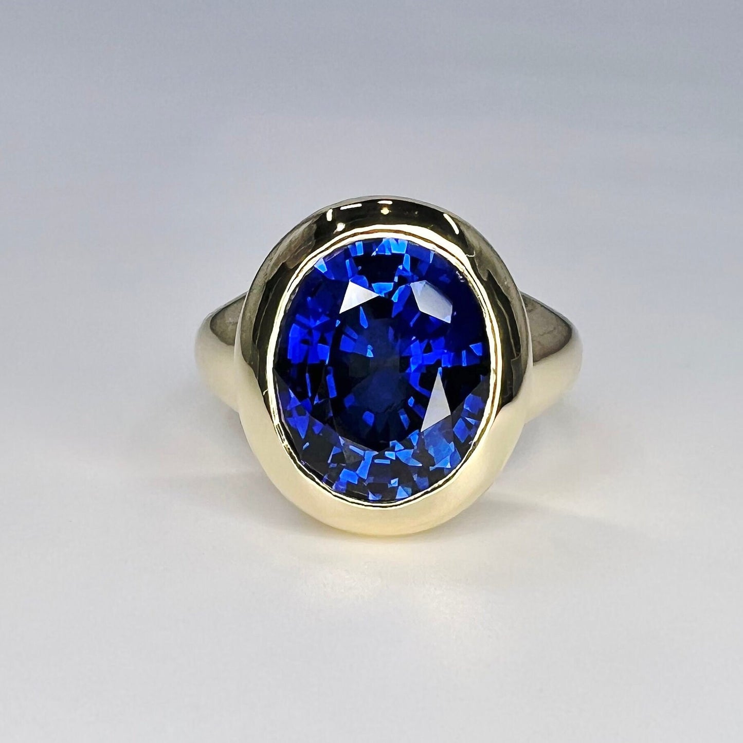 Oval Shape Bue Sapphire Engagement Ring 14K Yellow Gold Unisex Rings, Large Oval Bezel Set Solitaire Engagement Ring Solid Gold Unisex, 6303