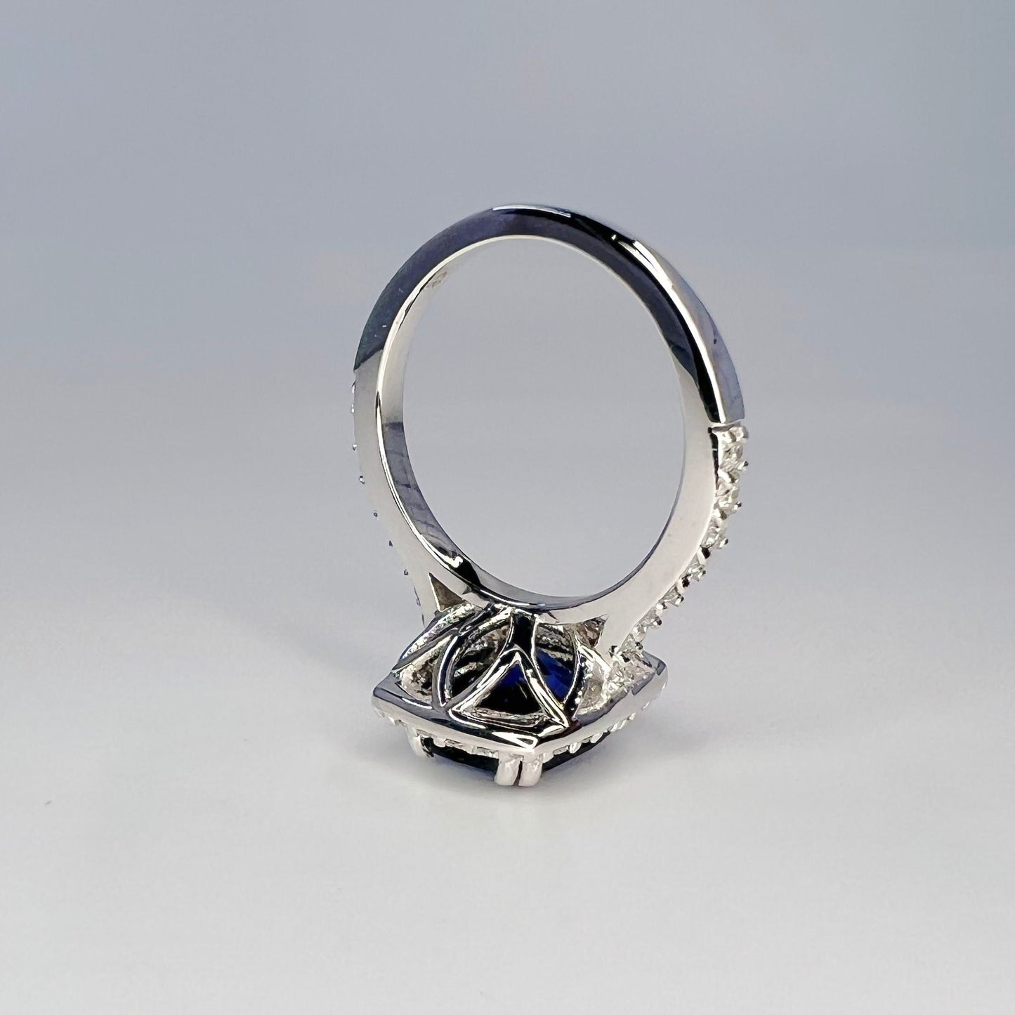 Elongated cushion cut rich blue sapphire engagement ring with Moissanite or Diamond Accents / halo style setting in 14k white gold#6550