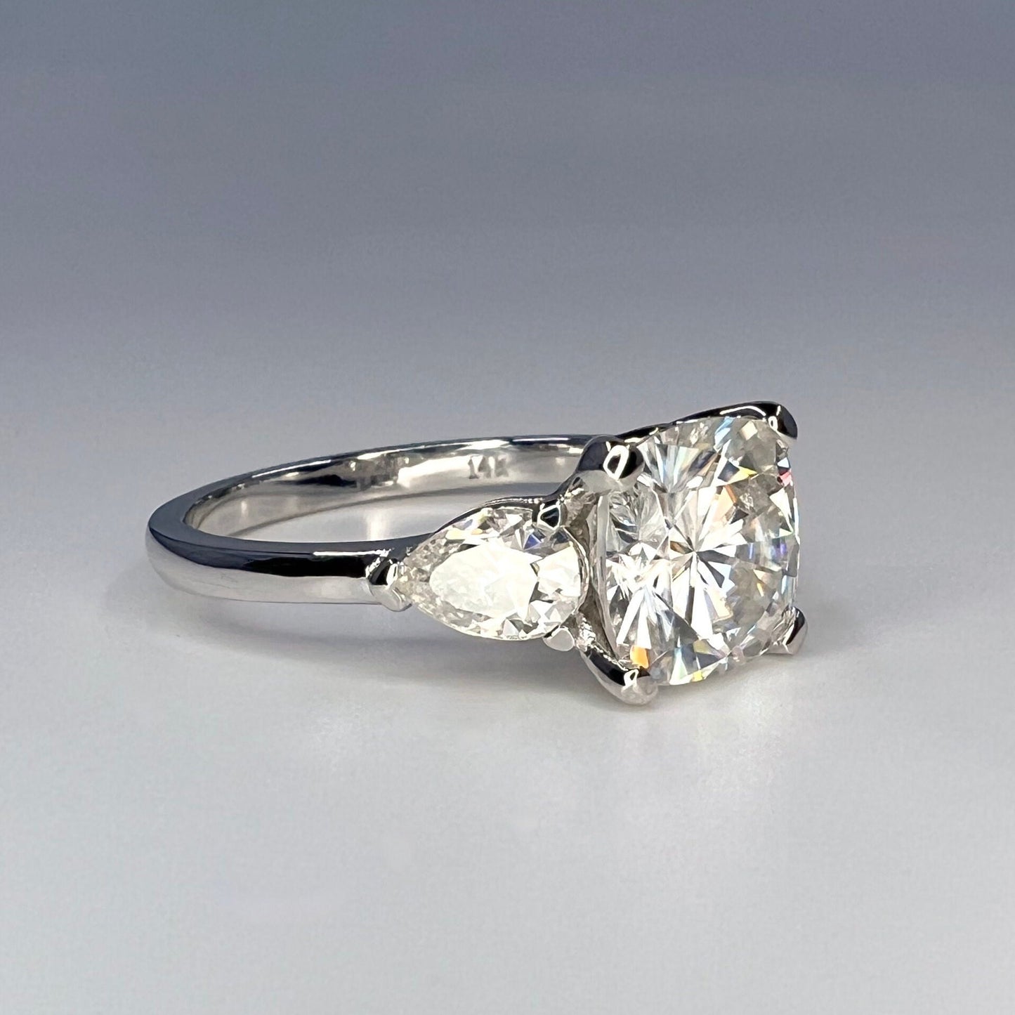 Moissanite Cushion Cut Engagement Ring, Enagaement Ring With Pear Shape Accents, Gift for her, 14K White Gold #6751 #5256