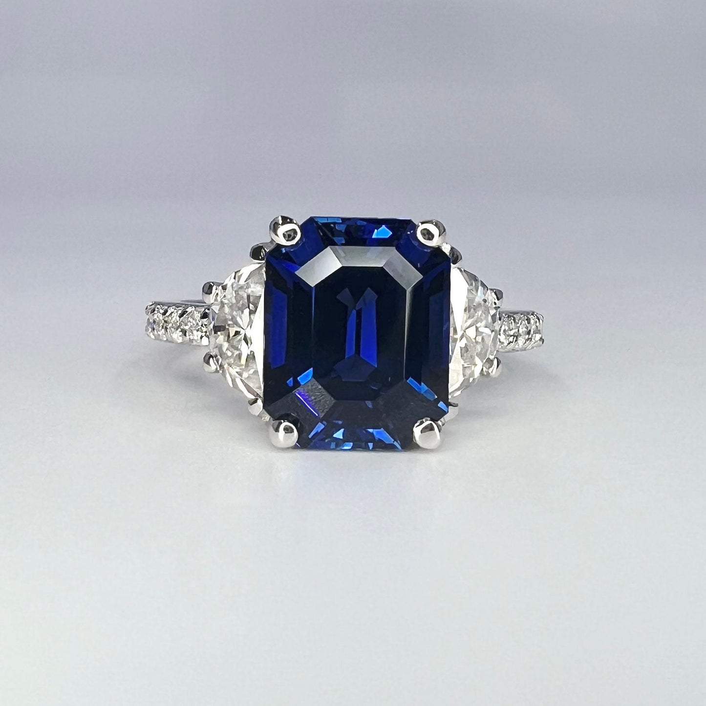 Emerald Cut Blue Sapphire Engagement Ring, Moissanite Ring, Blue Sapphire Ring, Half-Moon Moissanite Accents, 14k White Gold Ring, #6458