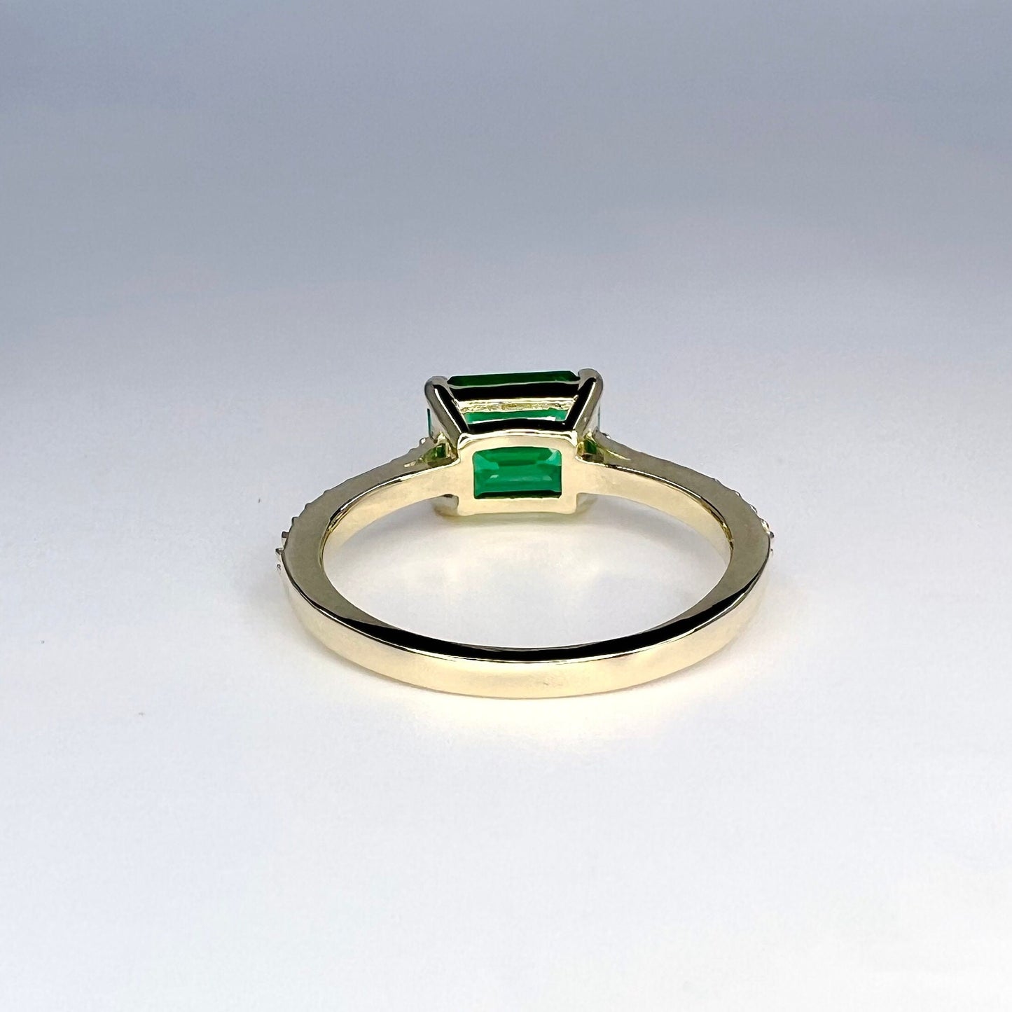 Emerald cut emerald engagement ring, with round Moissanite accents 2.70ctw 14k yellow gold east west emerald cut green emerald ring, #5958