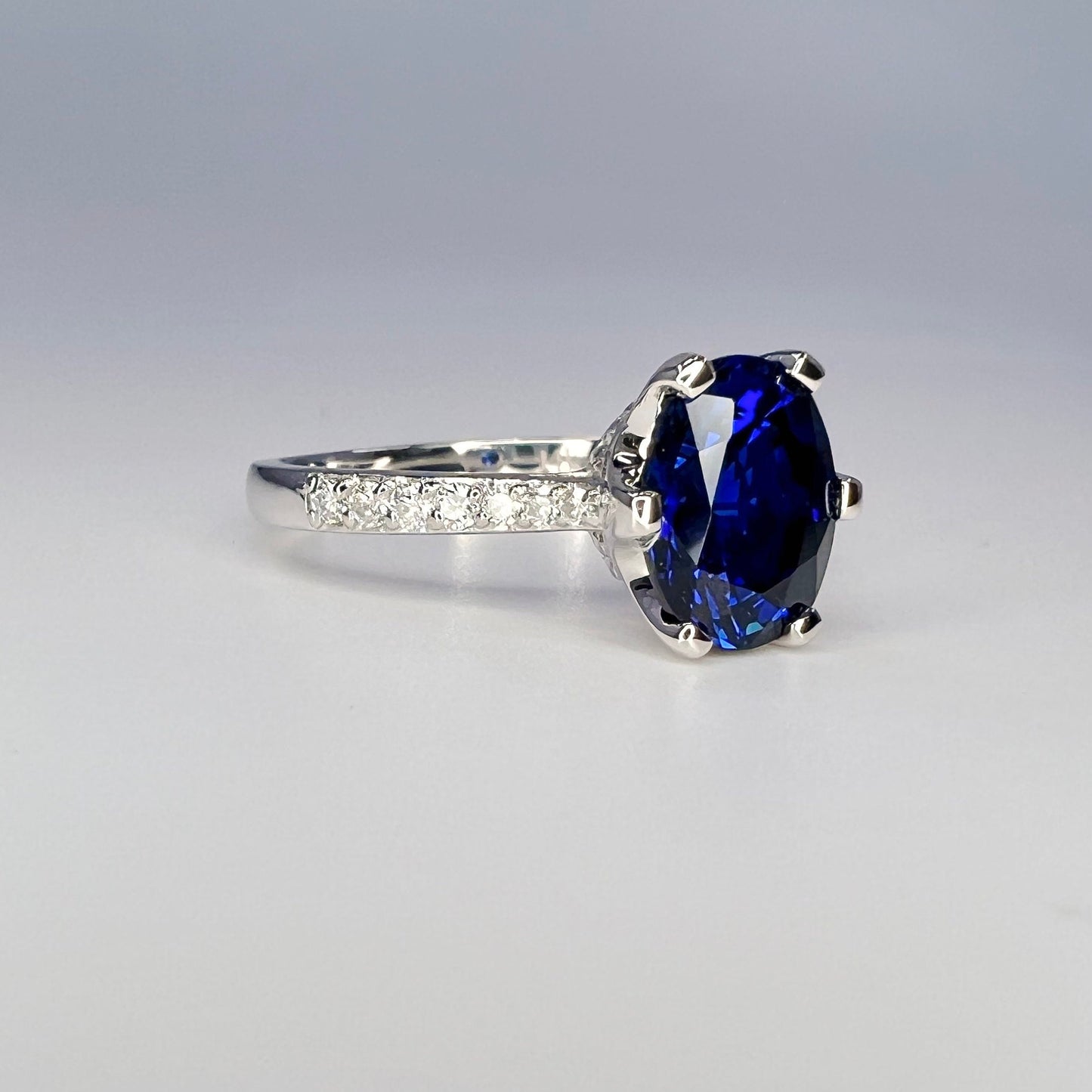 Blue Sapphire Engagement Ring, Oval Sapphire with Natural Diamonds, Moissanite Ring, Blue Sapphire and Moissanite Ring, 14K White Gold #6809