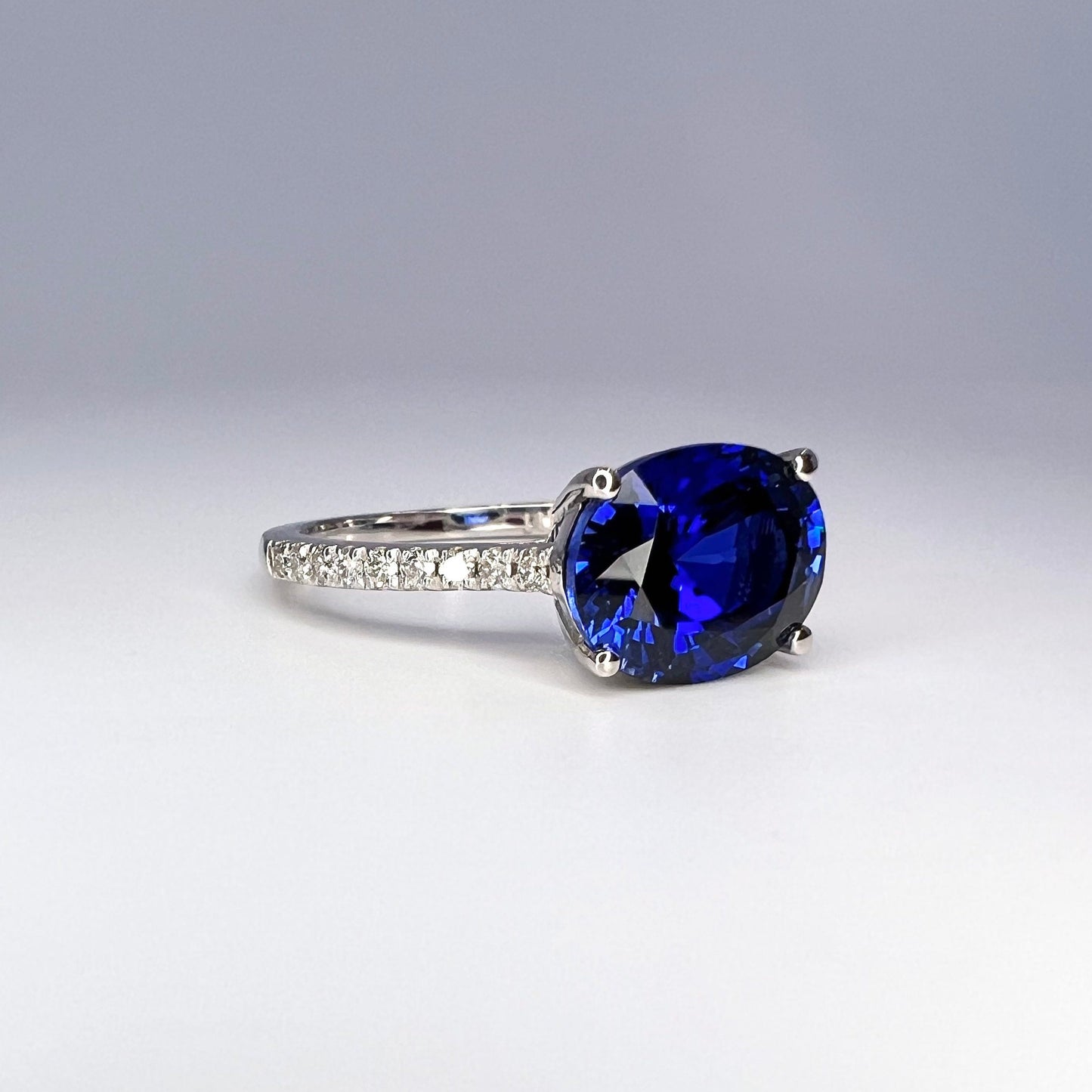 Oval Blue Sapphire And Genuine Diamond Ring Set Horizontal In 14k White Gold #5777