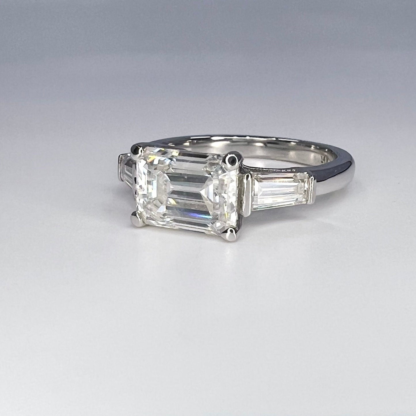 East to West Emerald Cut Moissanite Engagement Ring With Tapered Baguette Diamond Side Stones in 14K Solid White Gold, or Yellow Gold #8114