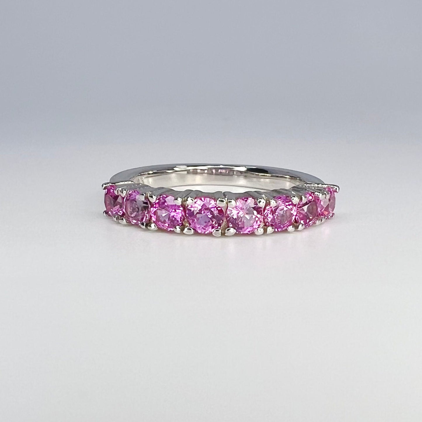 Round cut pink sapphire half eternity matching wedding band 14K solid gold, stacking pink sapphire bridal band, dainty wedding band, #8084