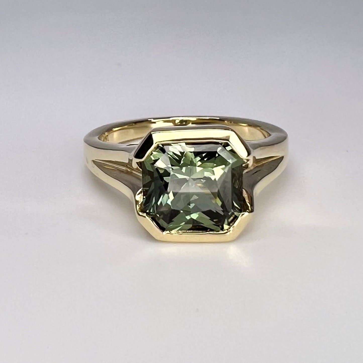 Bezel Set olive green sapphire engagement ring 14k solid gold | Half bezel green sapphire solitaire wedding ring | Promise ring