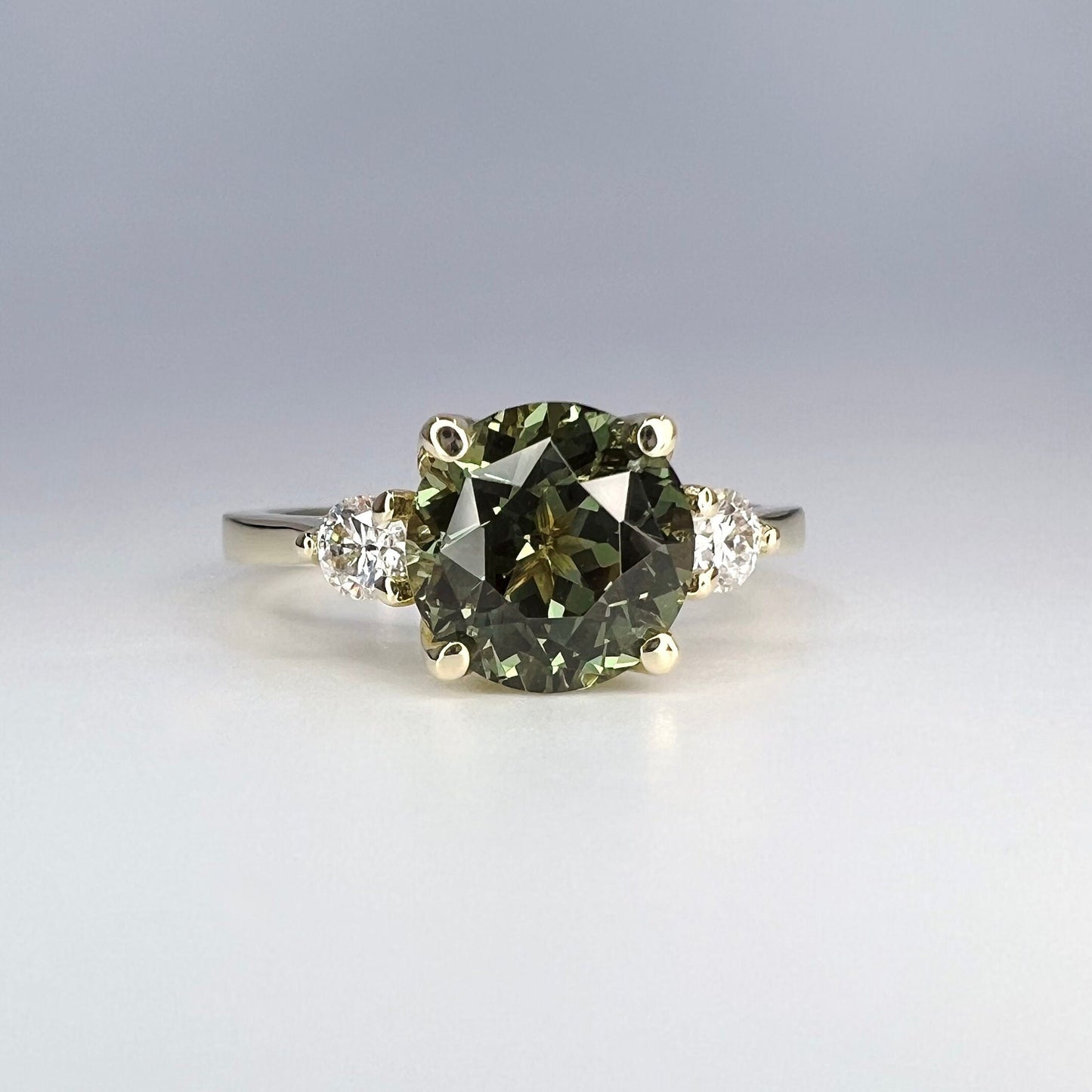 Green Sapphire Engagement Ring 14k Solid Gold Ring, Unique Round Sapphire And Moissanite Three Stone Ring, Vintage Wedding Ring For Women